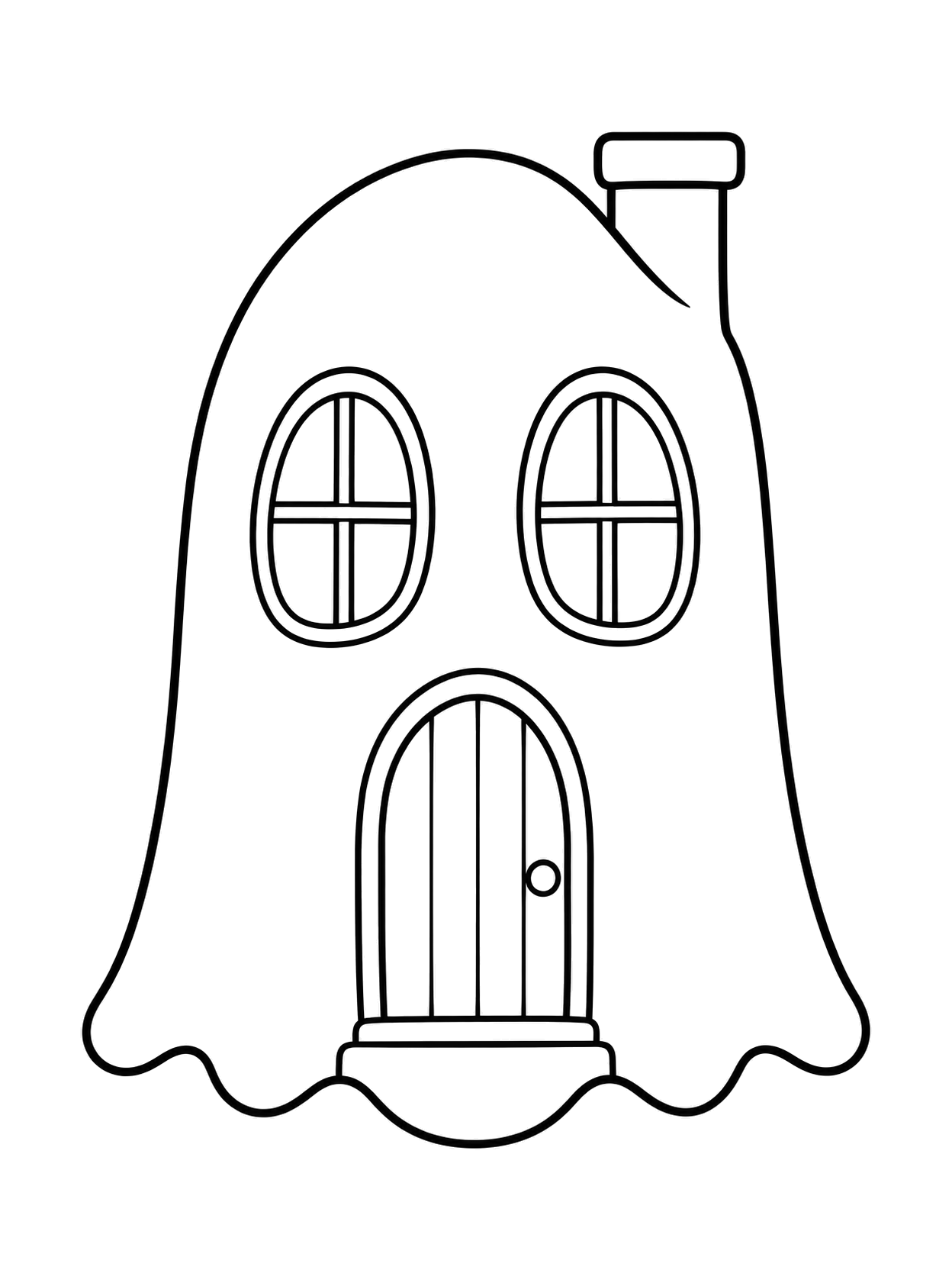 Ghost-shaped house coloring page with two oval windows, an arched door and a chimney