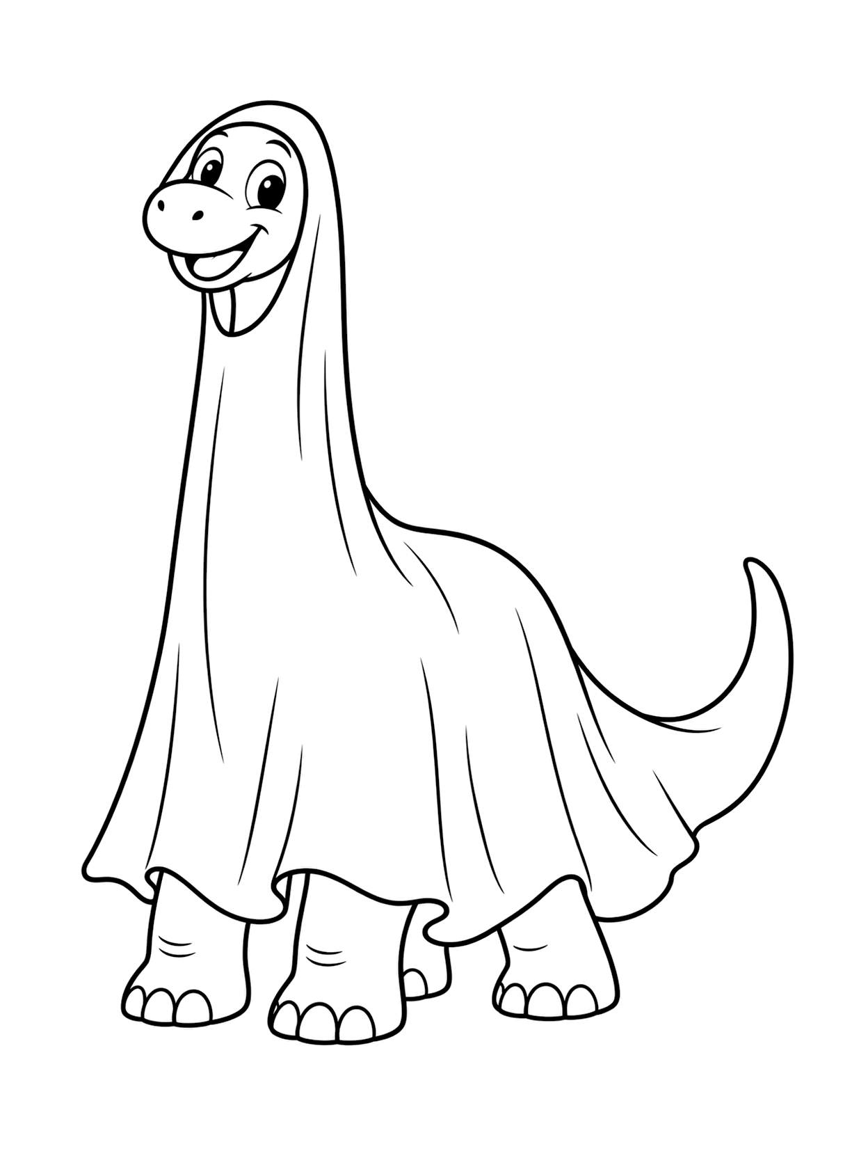 Brontosaurio con sábana de fantasma para colorear con un dinosaurio central, espacios amplios para colorear, detalle sencillo de Halloween y fondo blanco
