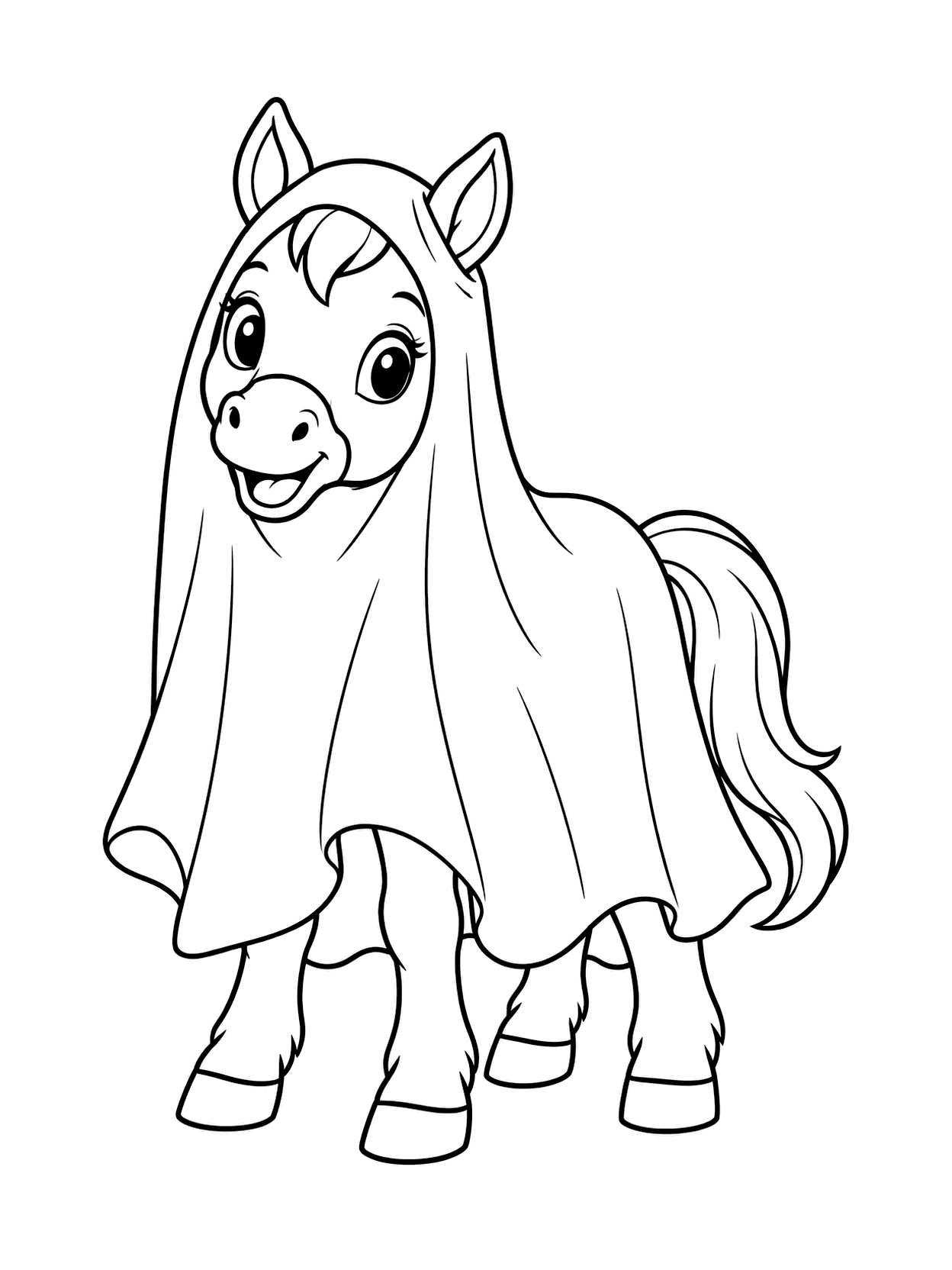 Poulain sous drap fantôme à colorier avec un cheval central, de larges espaces à colorier, un détail simple de costume d’Halloween et un fond blanc