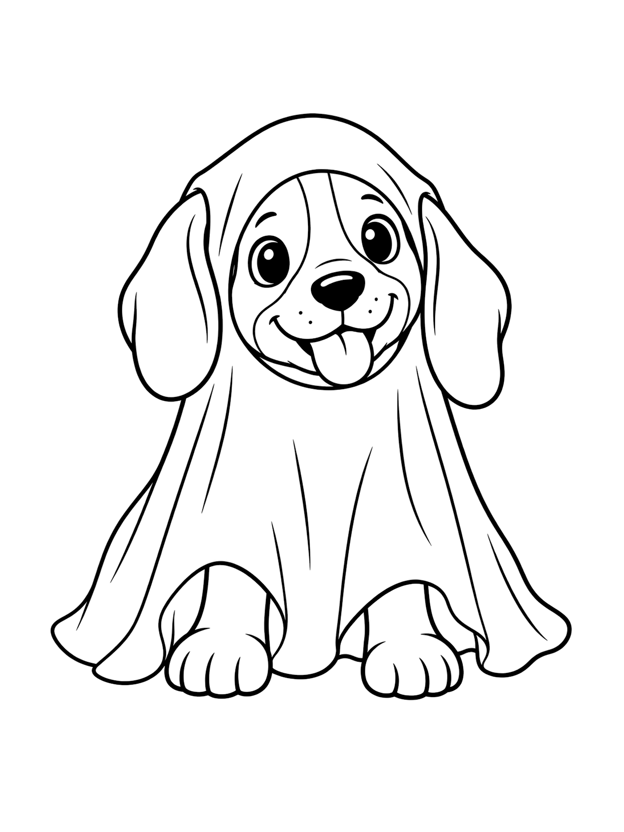 Chiot sous drap fantôme à colorier avec un chien central, de larges espaces à colorier, un détail simple de costume d’Halloween et un fond blanc