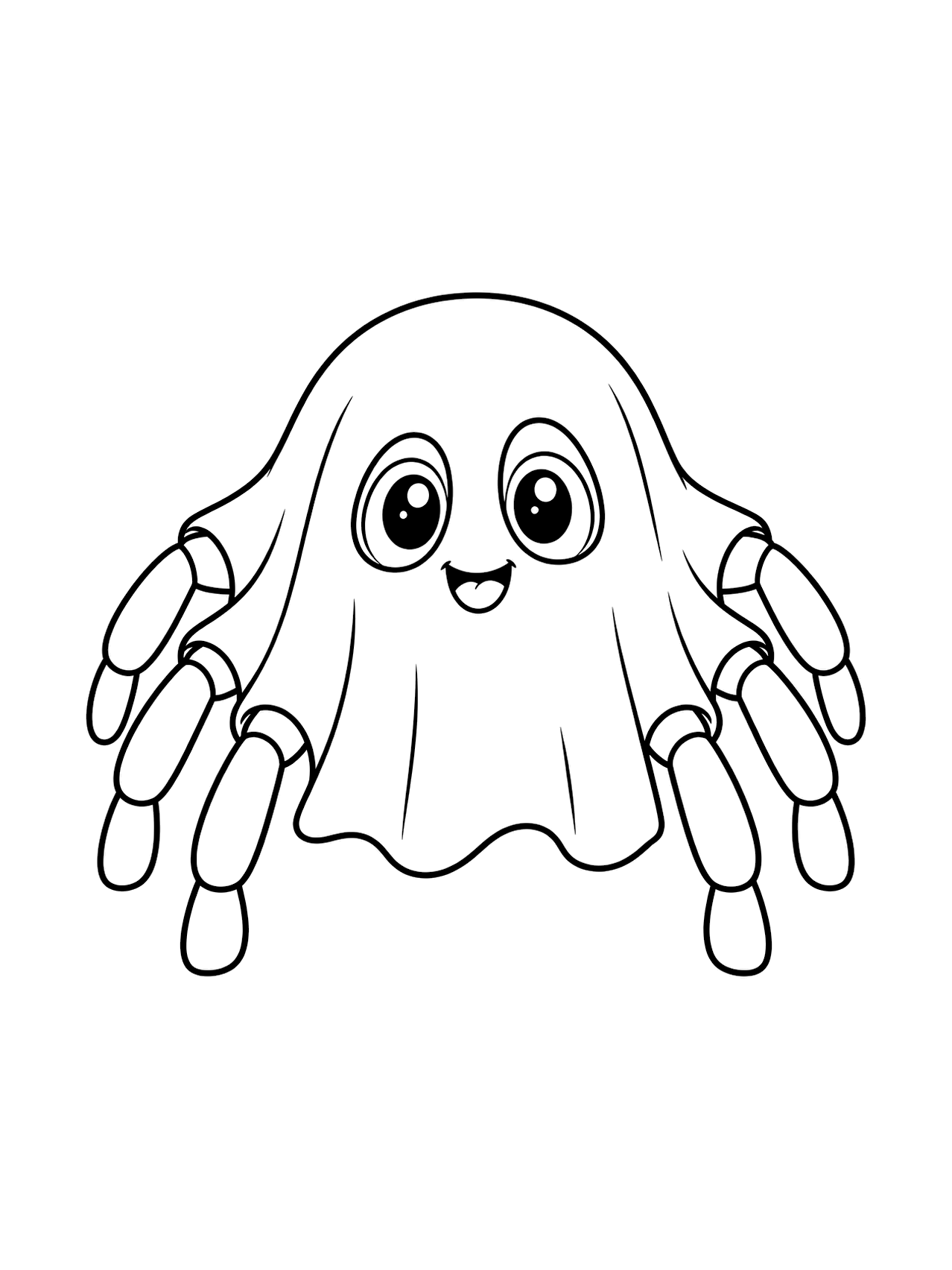 Ghost Sheet Spider Coloring Page with a spider under a simple ghost sheet with eight rounded legs peeking out, large eye openings, and a broad draped shape, drawn as black line art on a white background