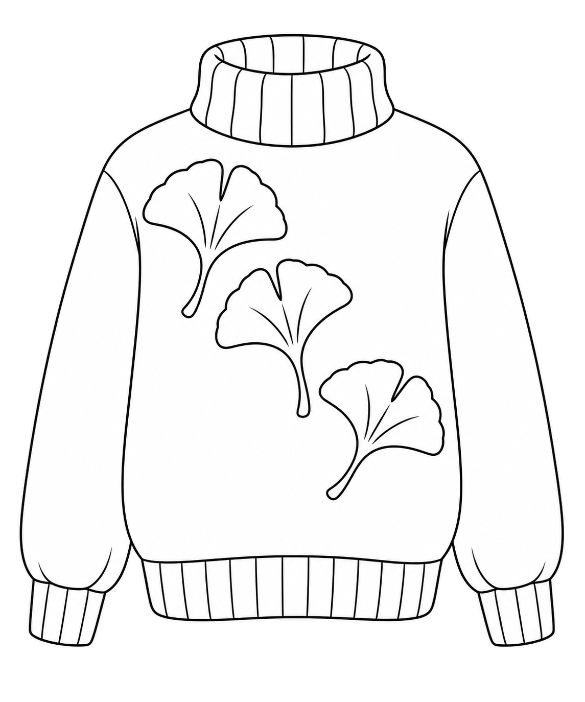 Pull à col roulé avec trois feuilles de ginkgo disposées en diagonale sur le devant et de longues manches courbées.