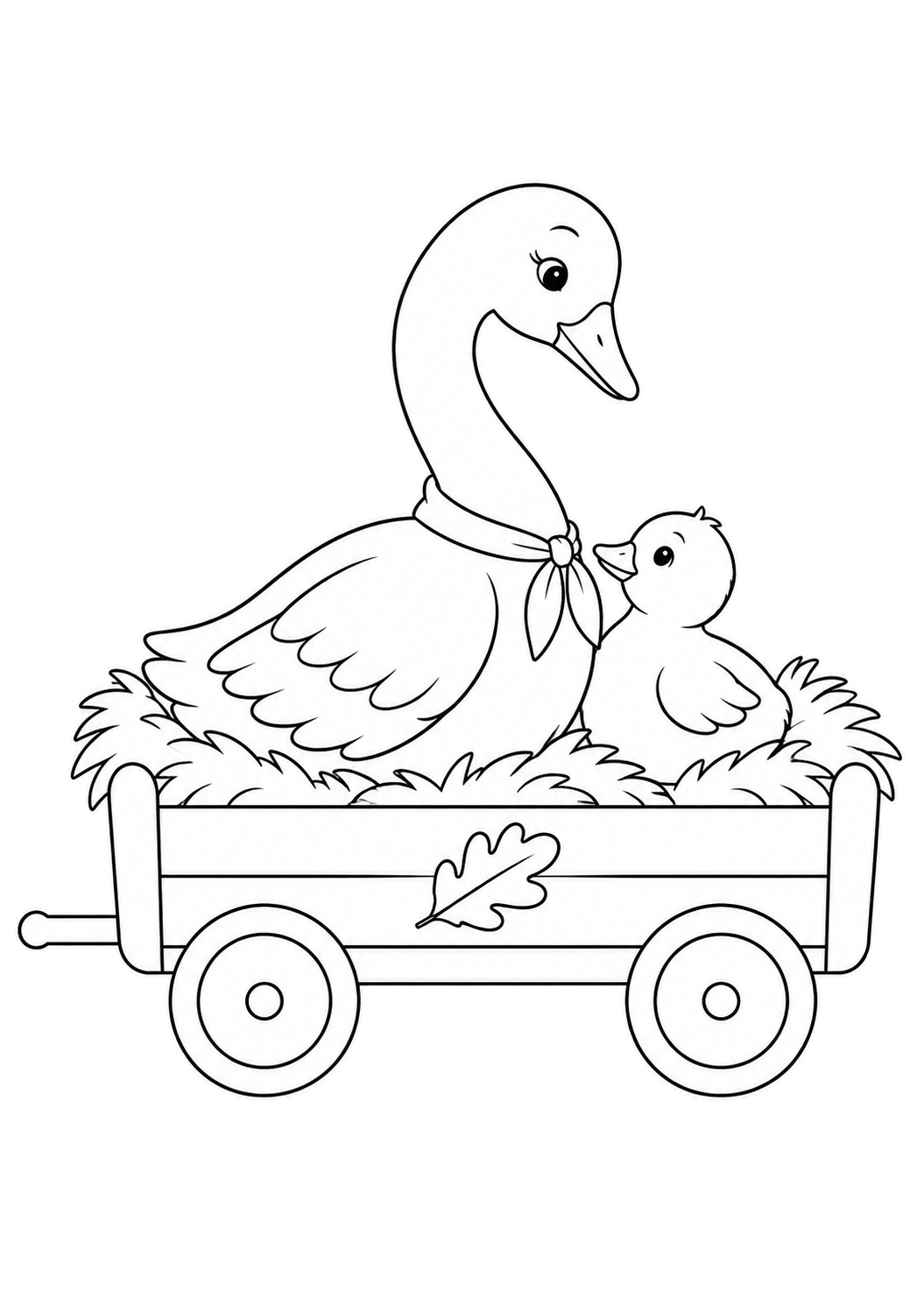 Goose in a scarf and a small gosling sitting on hay in a wagon decorated with an oak leaf.