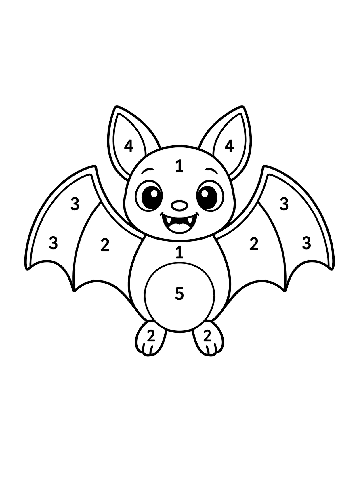 Murciélago de Halloween para colorear por números con un objeto central de Halloween, números claros, espacios amplios para colorear y fondo blanco