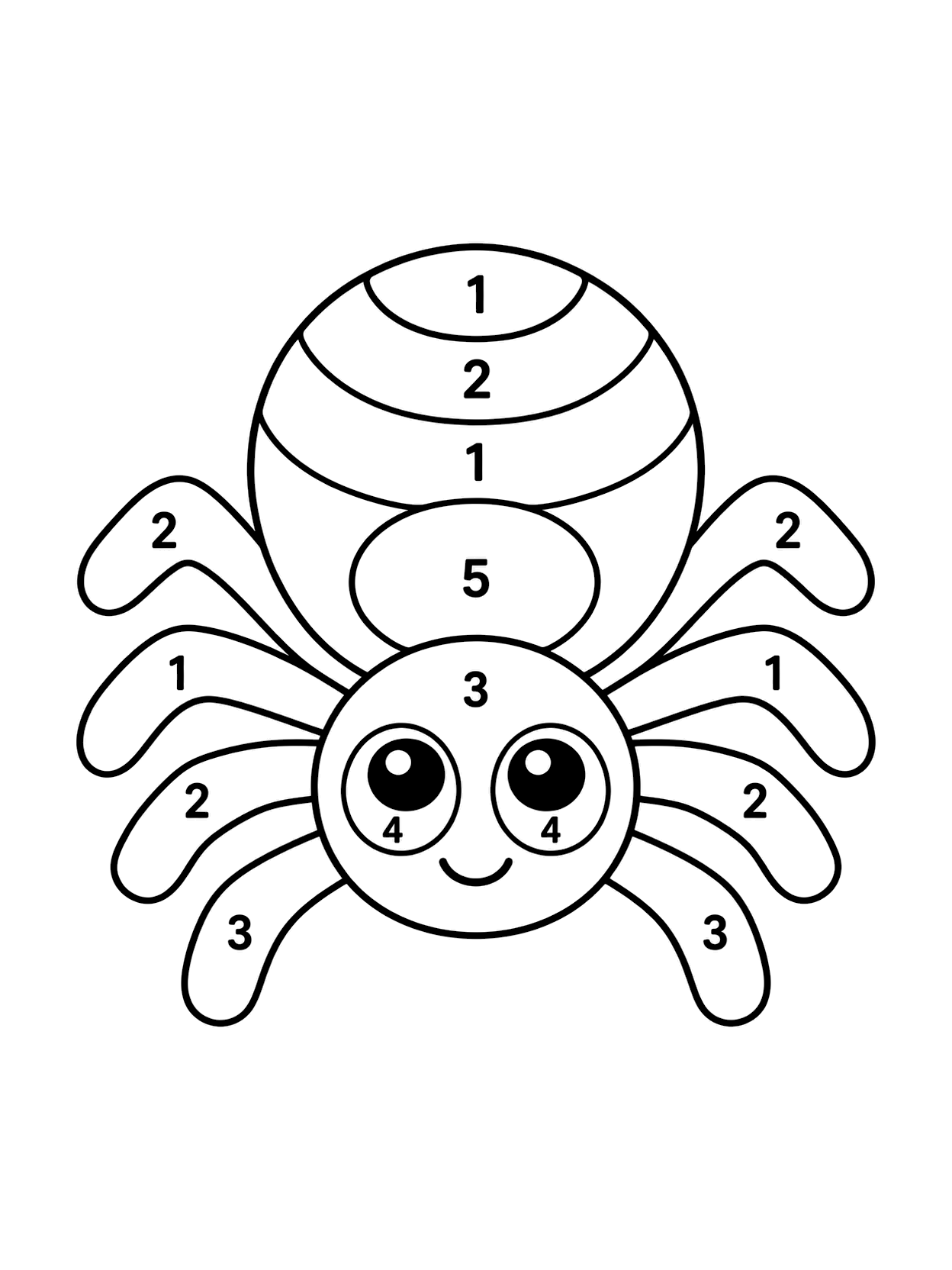 Halloween Spider Color by Number Page with one central Halloween object, clear numbers, broad coloring spaces, and a white background