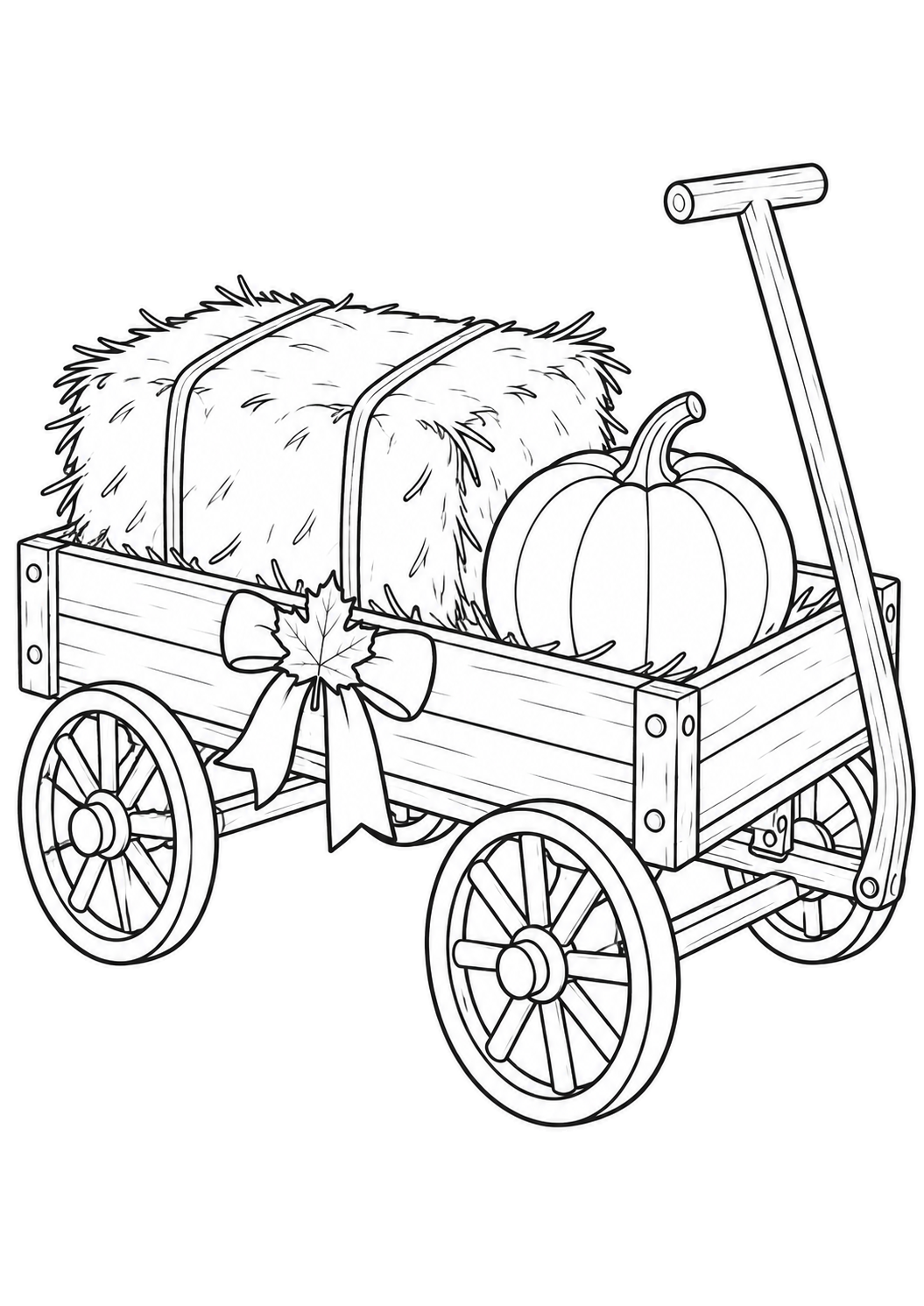 Wooden farm wagon carrying a hay bale and pumpkin, with a maple-leaf ribbon on the side.