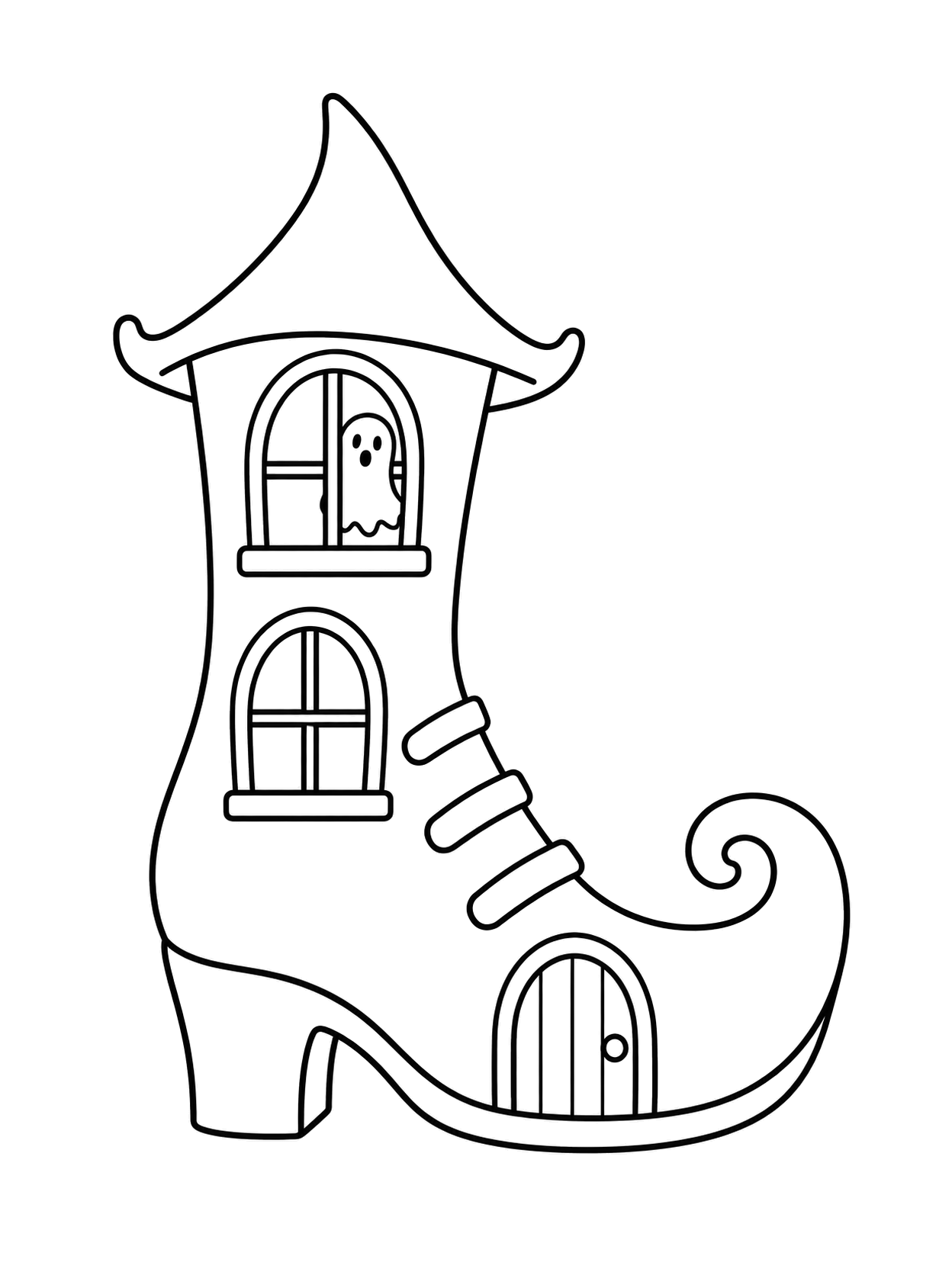 Black-and-white coloring page of a boot-shaped haunted house with a curled toe and a ghost in the upper window