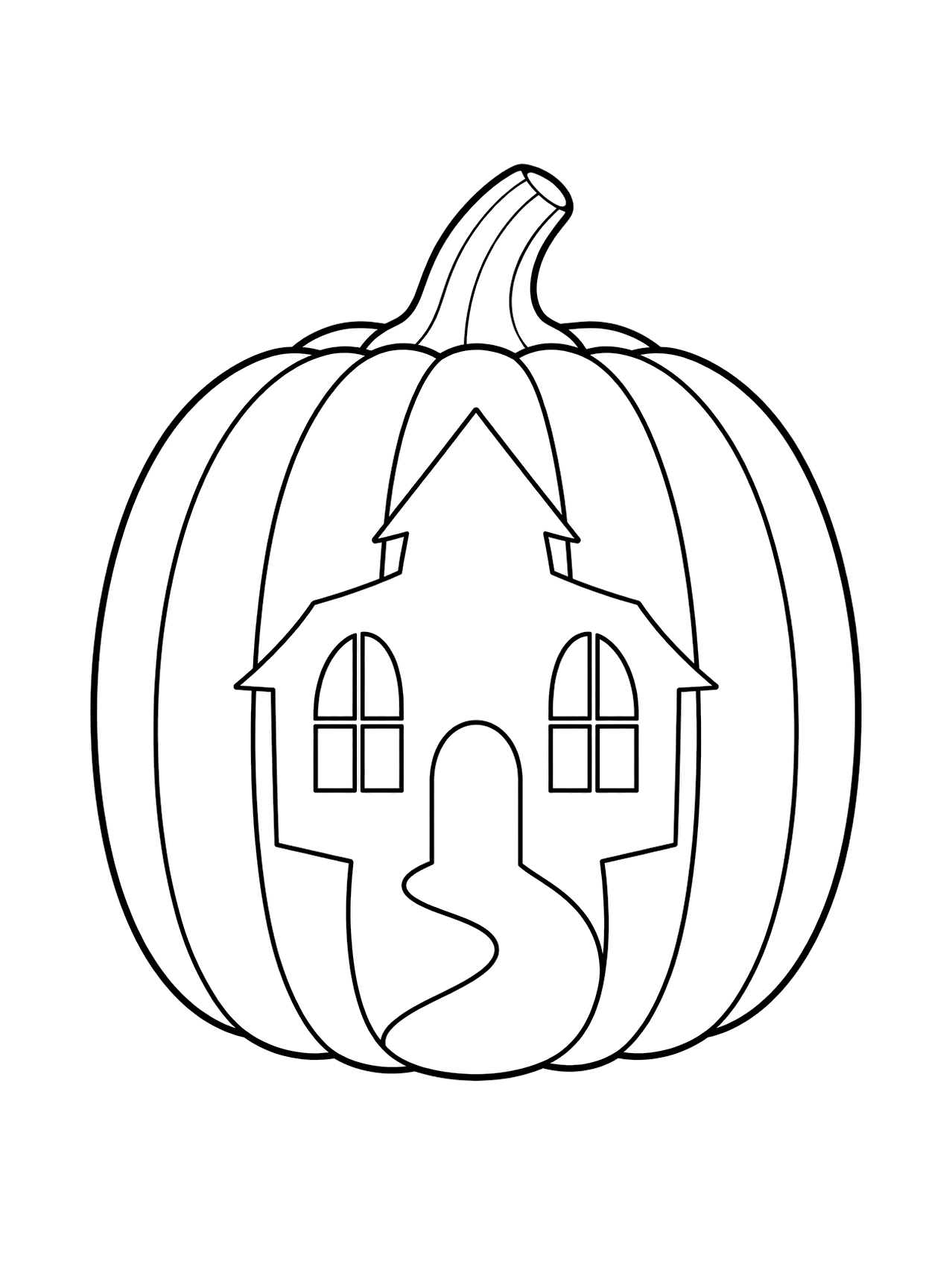 Calabaza con casa encantada tallada para colorear con una silueta sencilla de casa encantada con tejado puntiagudo, dos ventanas arqueadas, una puerta en arco y un camino curvo, dibujada con líneas negras sobre fondo blanco