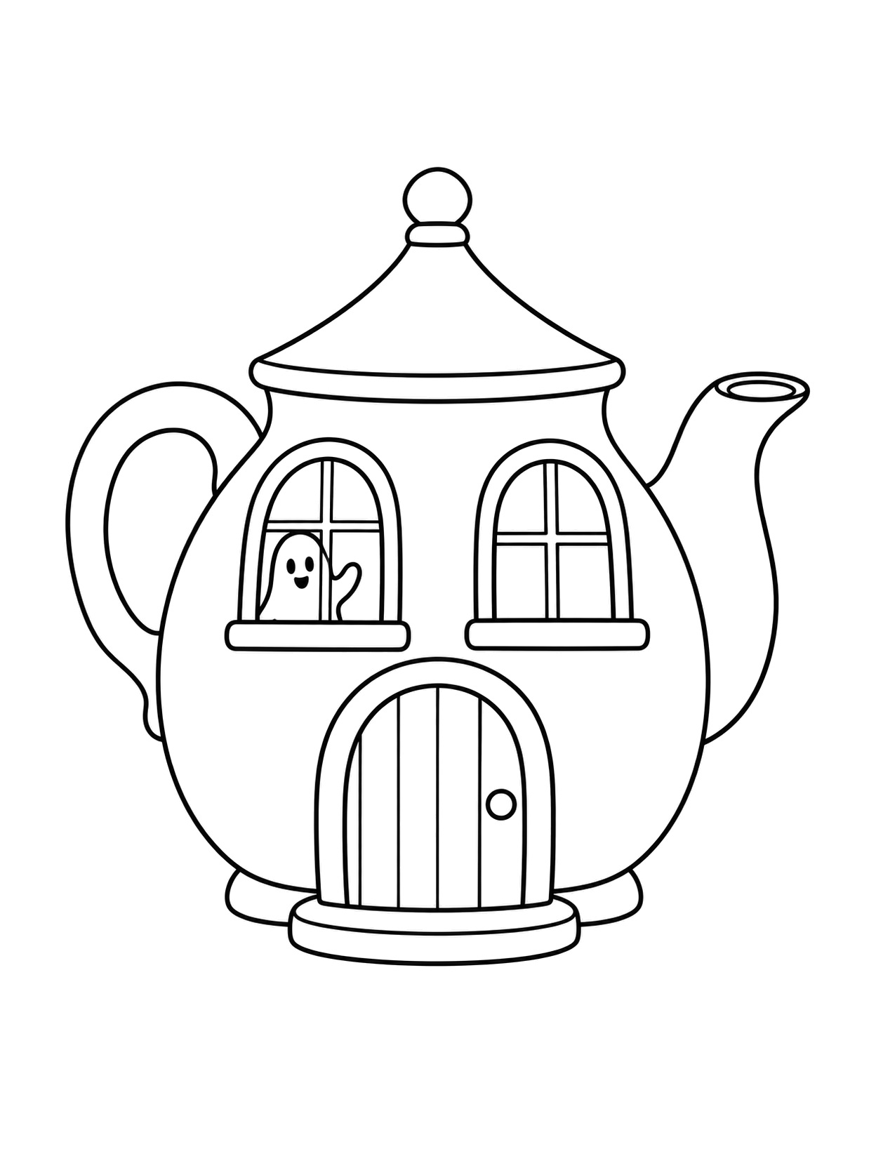 Disegno in bianco e nero di una casa a forma di teiera con un fantasmino che saluta dalla finestra