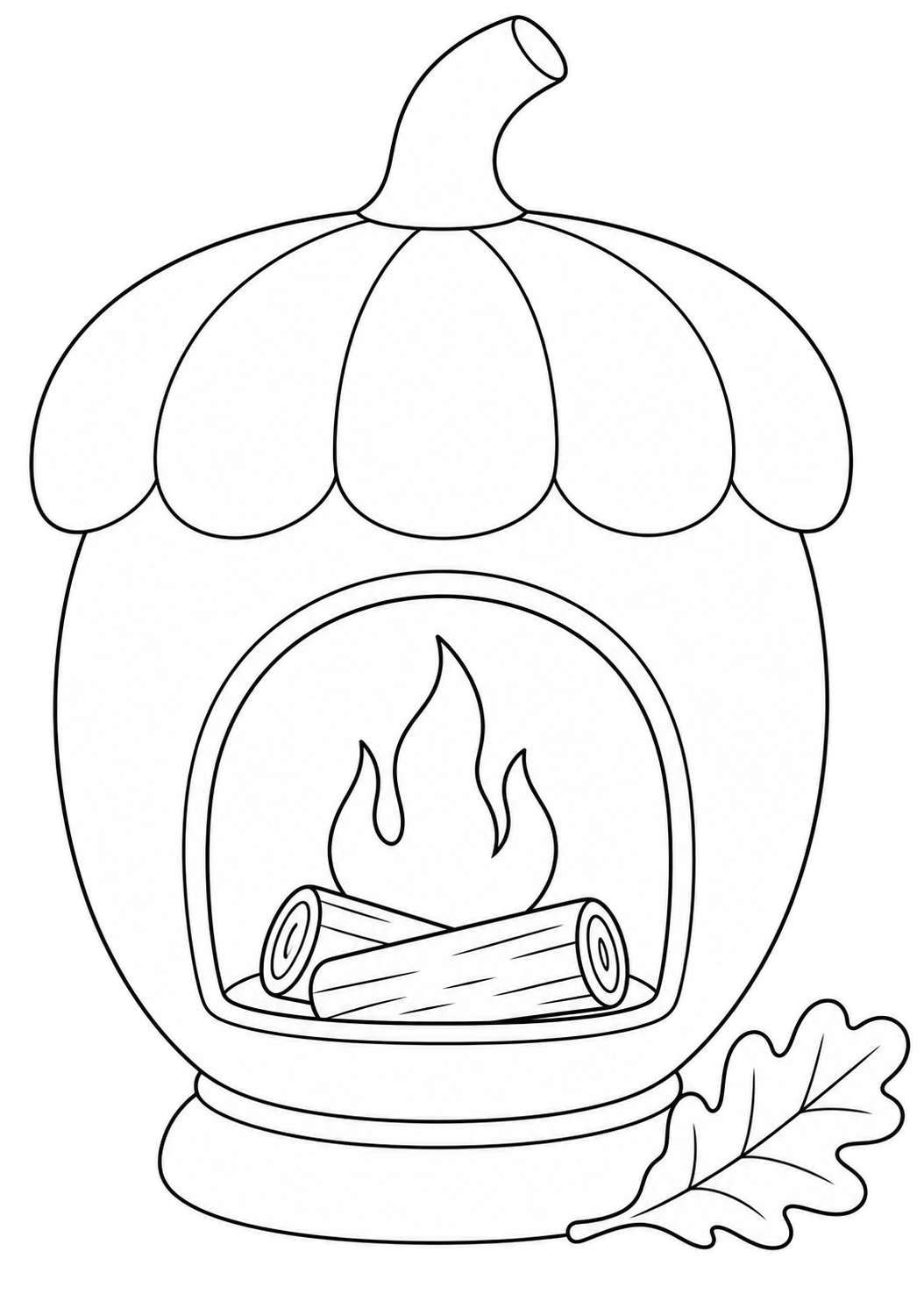Kamin in Eichelform mit gewellter Kappe, brennenden Holzscheiten und einem Eichenblatt neben dem Sockel.