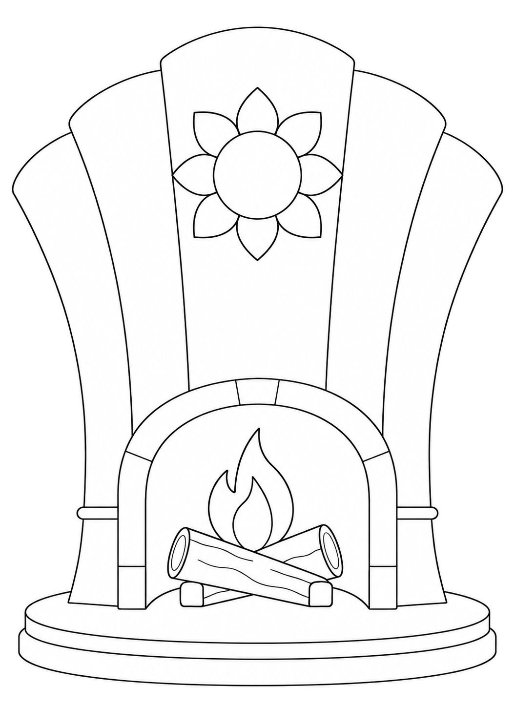 Fan-shaped fireplace with broad panels, a sunflower medallion, burning logs and an oval base.