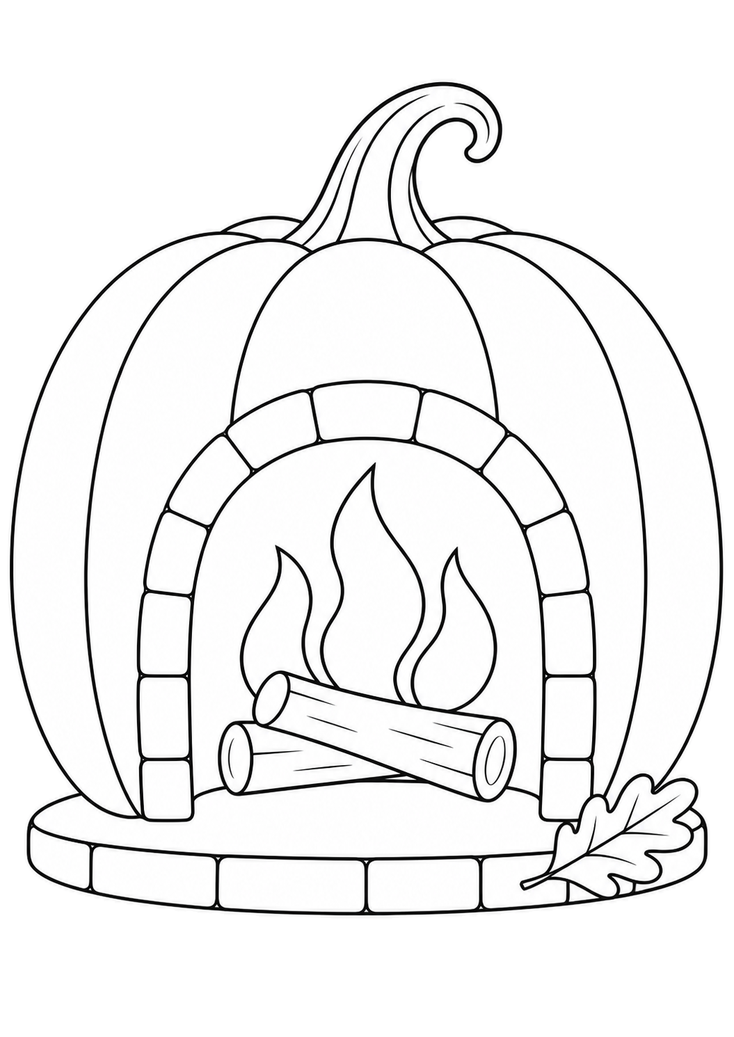 Un camino a forma di zucca con ceppi accesi, una base in pietra e una foglia di quercia.
