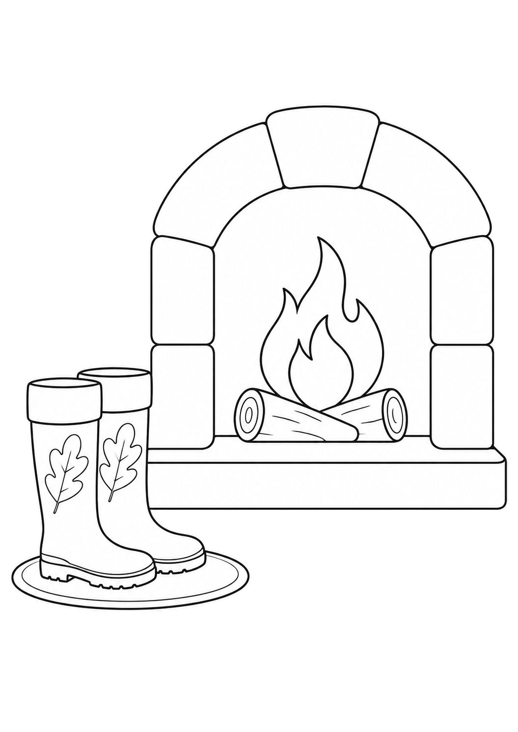 Pair of rain boots with oak-leaf emblems on an oval mat beside a stone fireplace.
