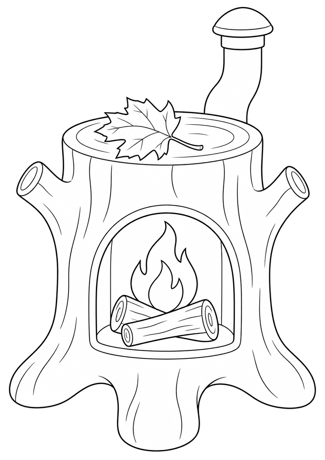 Chimenea de cerámica con forma de tocón, ramas cortas, patas como raíces, una hoja de arce y un tubo curvo.