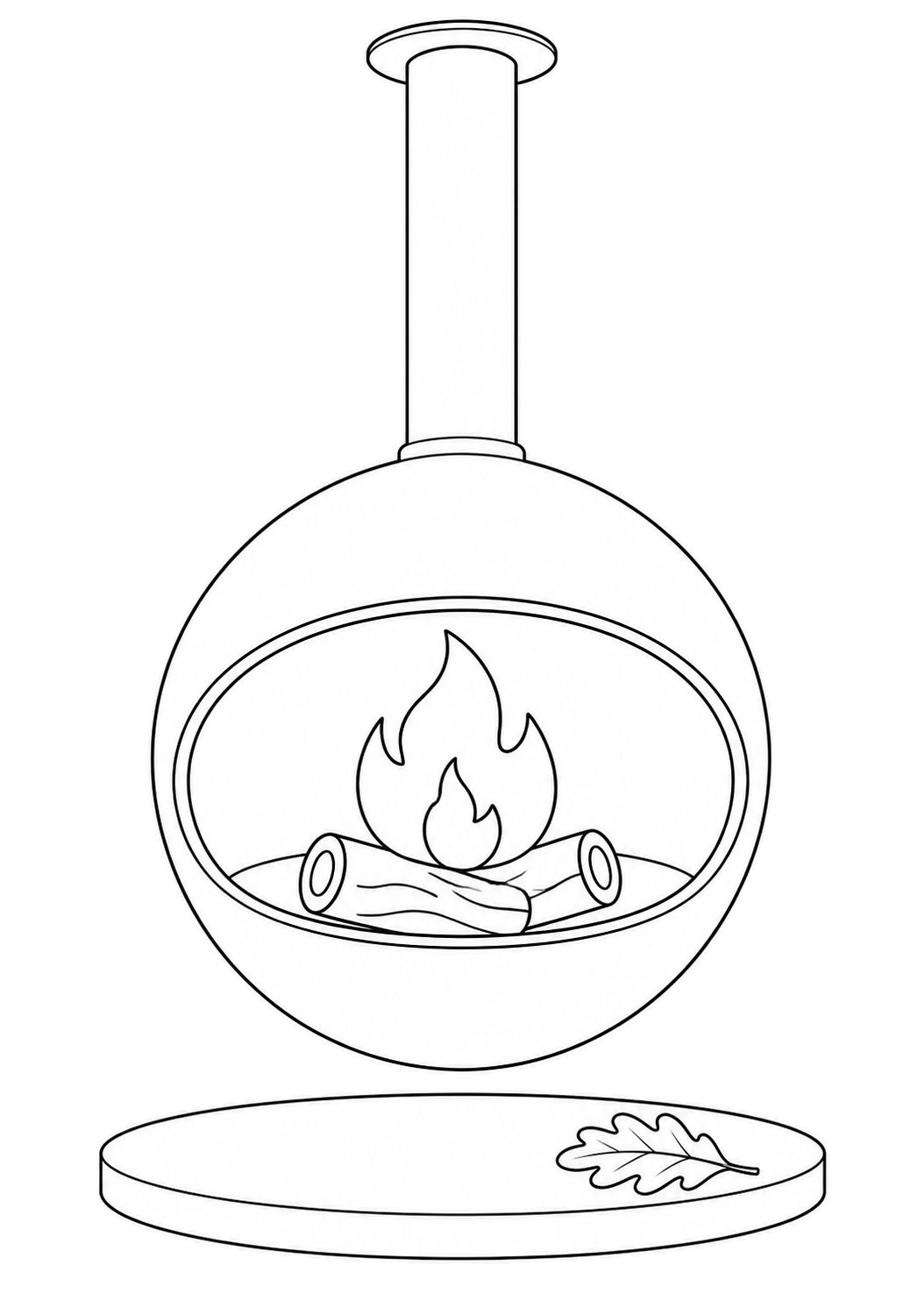 Spherical hanging fireplace with a tall flue, burning logs and an oak leaf on the hearth below.