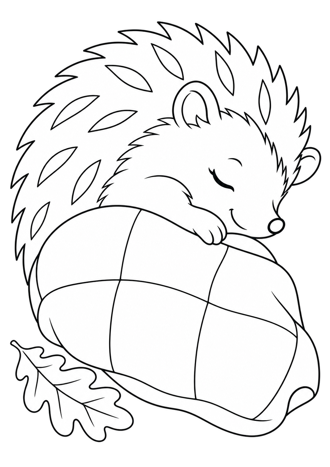 Ein schlafender Igel legt eine Pfote auf eine Patchworkdecke; daneben liegt ein Eichenblatt.
