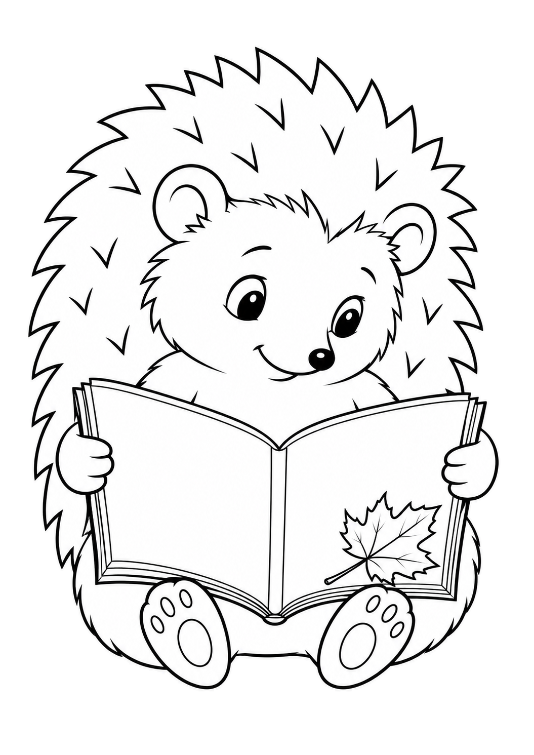 Hedgehog holding an open book with a maple leaf on the right-hand page.