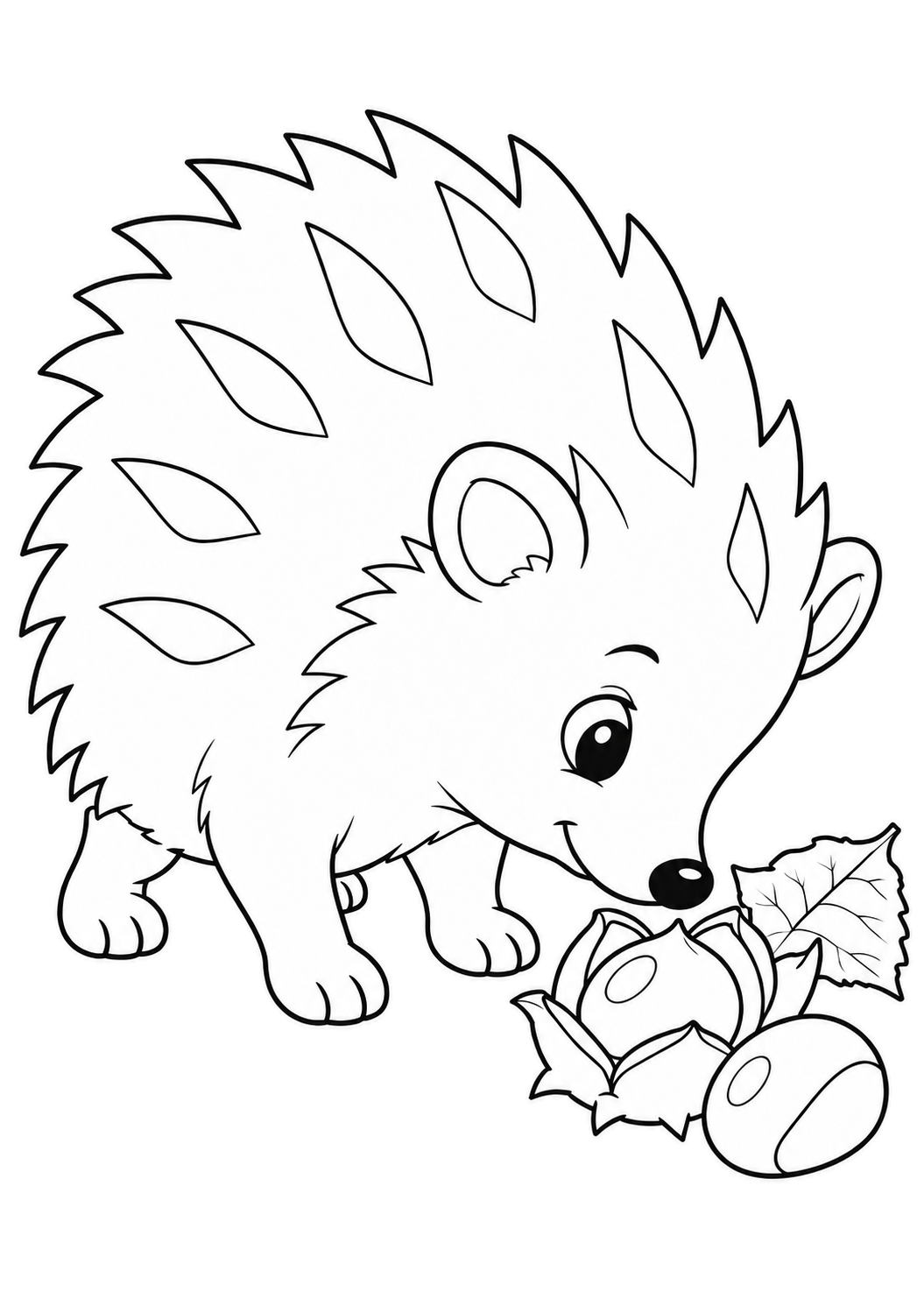 A hedgehog leans toward two chestnuts, one in an open husk and one beside a fallen leaf.