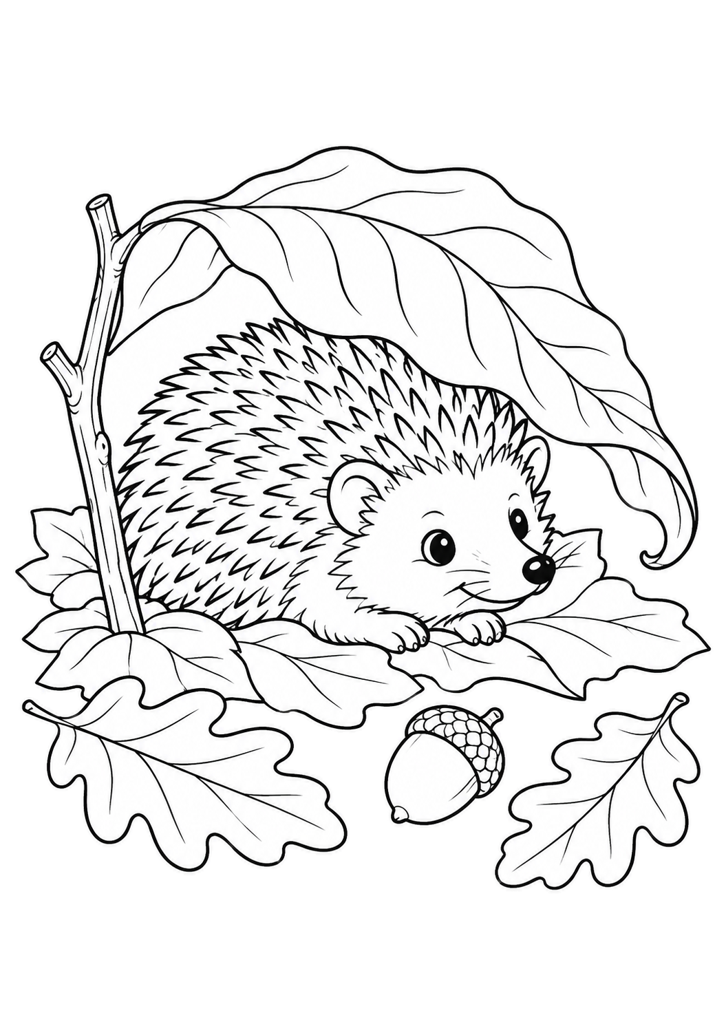 Hedgehog resting beneath a large curled leaf supported by a twig, with an acorn nearby
