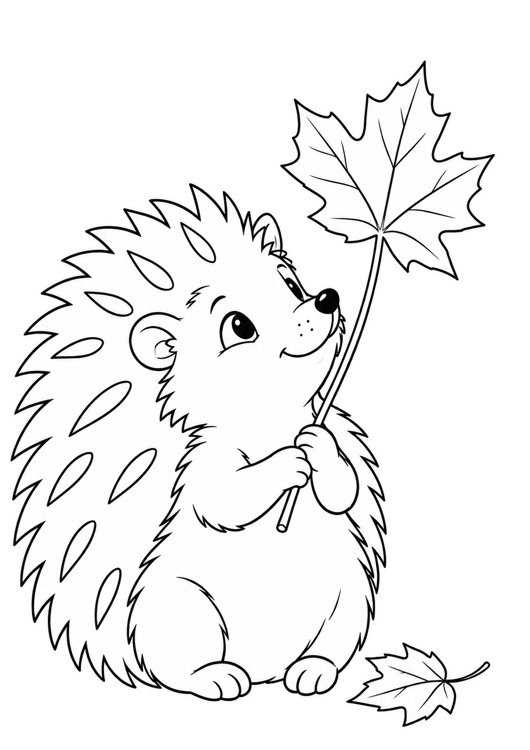 Ein sitzender Igel hält ein großes Ahornblatt und schaut zu ihm hinauf; neben seinen Füßen liegt ein kleineres Blatt.