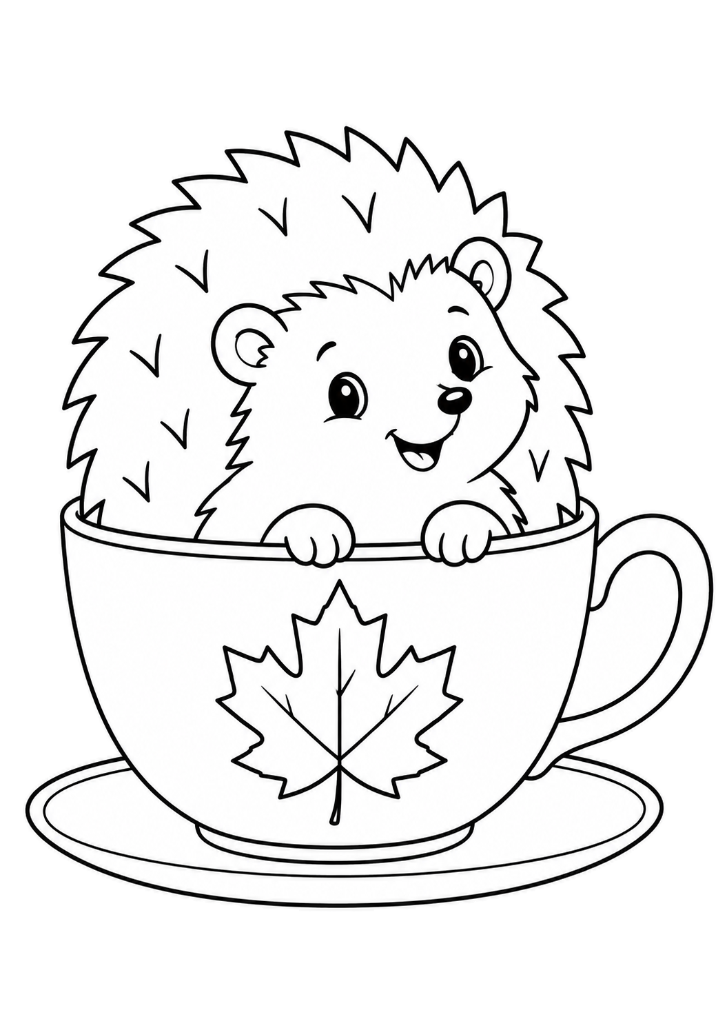 Smiling hedgehog inside a teacup with a maple leaf motif and an oval saucer.