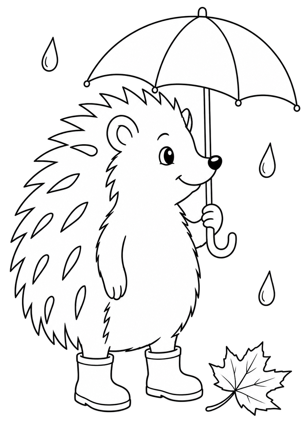 Ein Igel in Gummistiefeln hält einen Regenschirm; um ihn herum sind drei Regentropfen und ein gefallenes Ahornblatt.