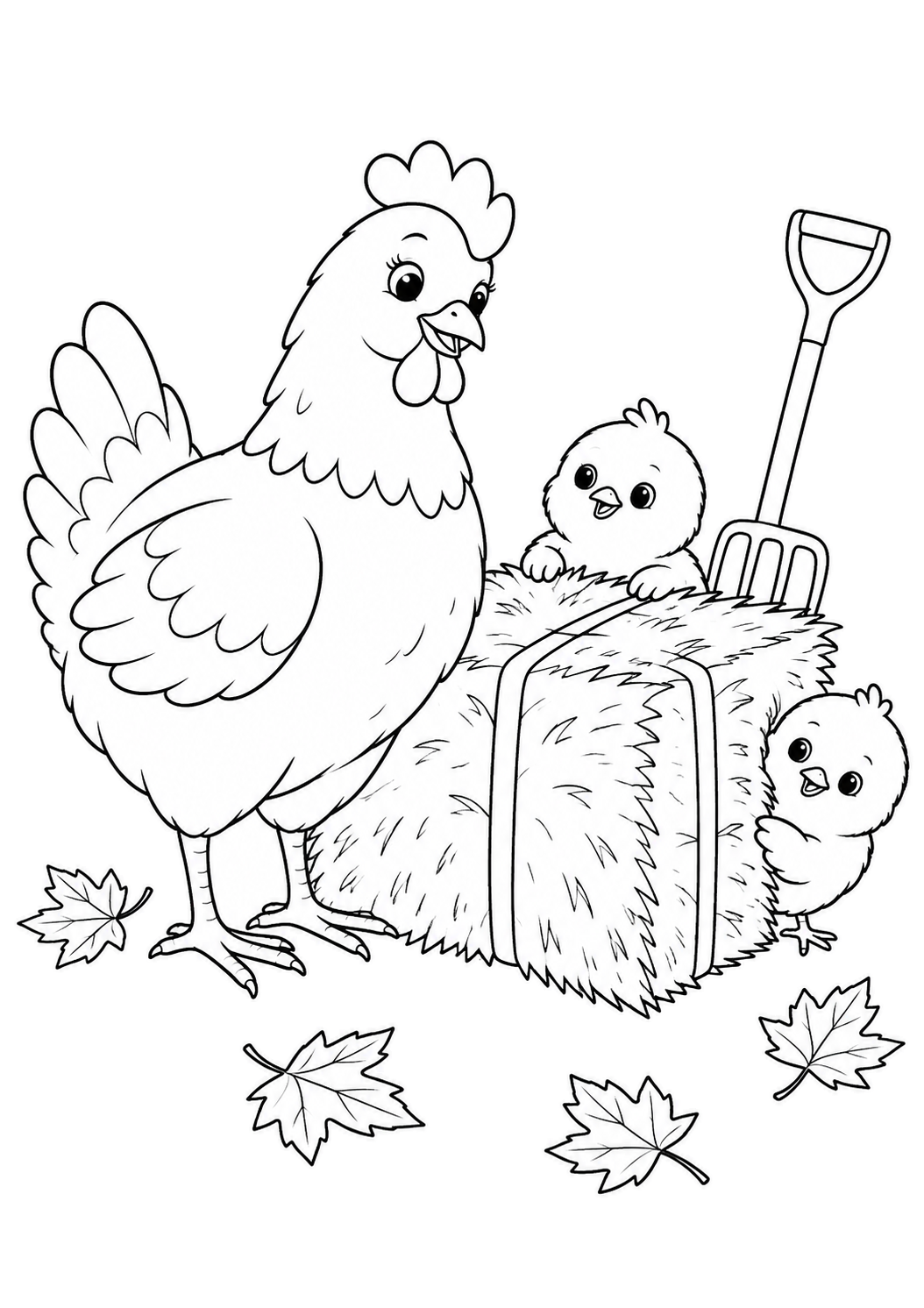Eine Henne und zwei flauschige Küken an einem Heuballen, dazu eine kleine Heugabel und vier Blätter.