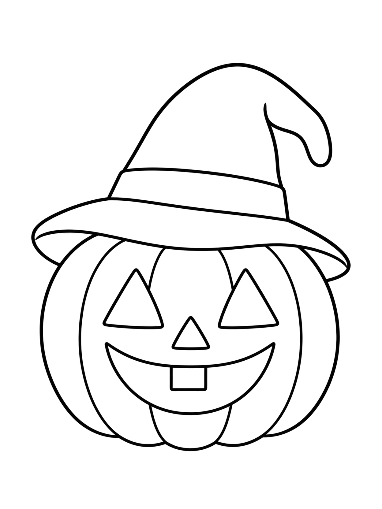 Zucca sorridente con occhi triangolari, un dente quadrato e un grande cappello da strega con punta piegata e fascia semplice