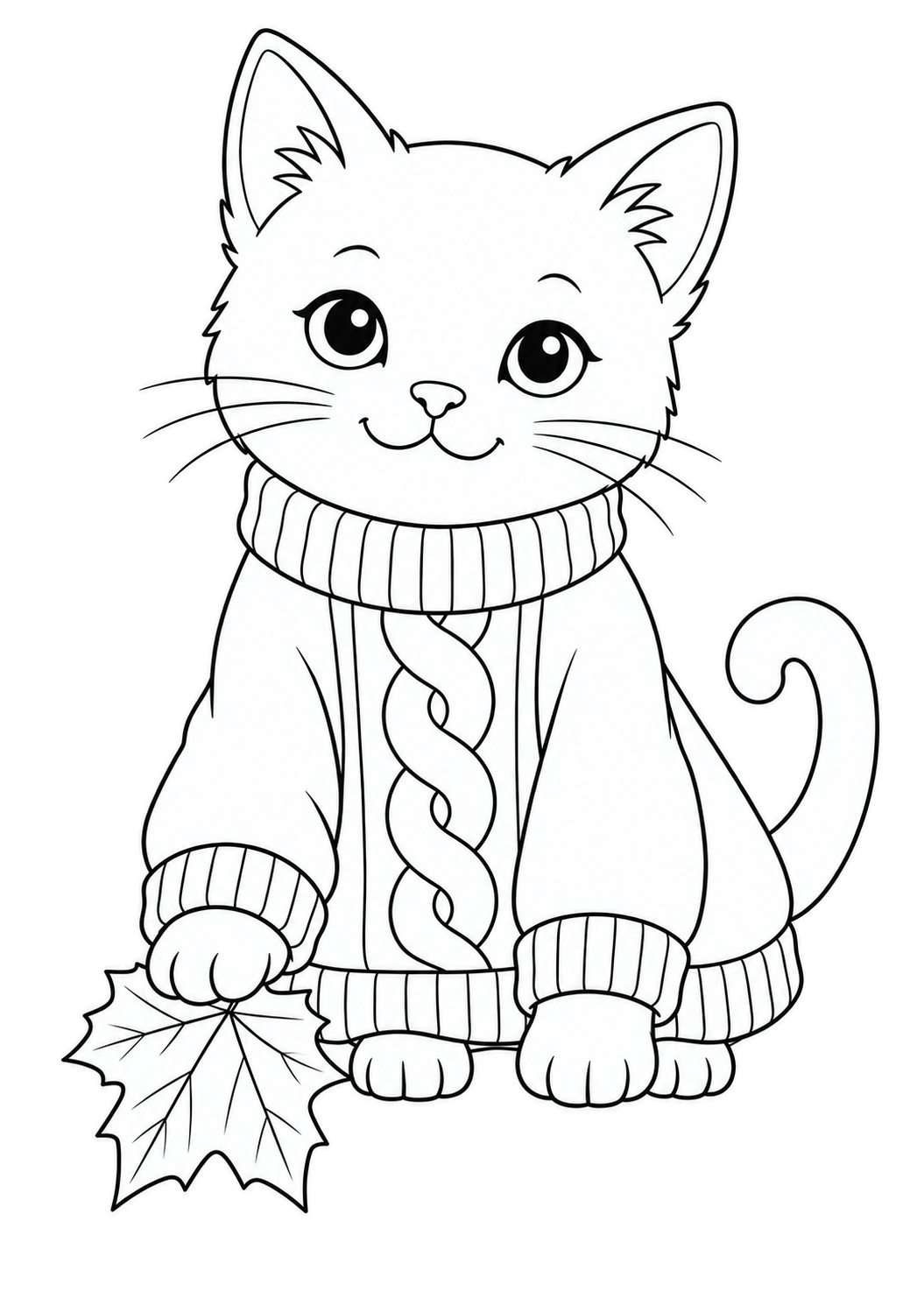 Seated kitten wearing a turtleneck sweater with a cable braid and touching a maple leaf.