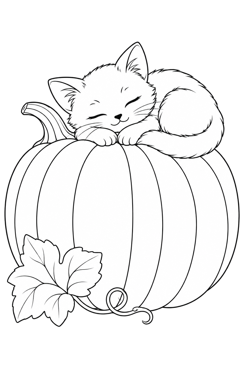 A kitten sleeps on top of a large pumpkin, with two front paws under its chin and its tail curled around its body.