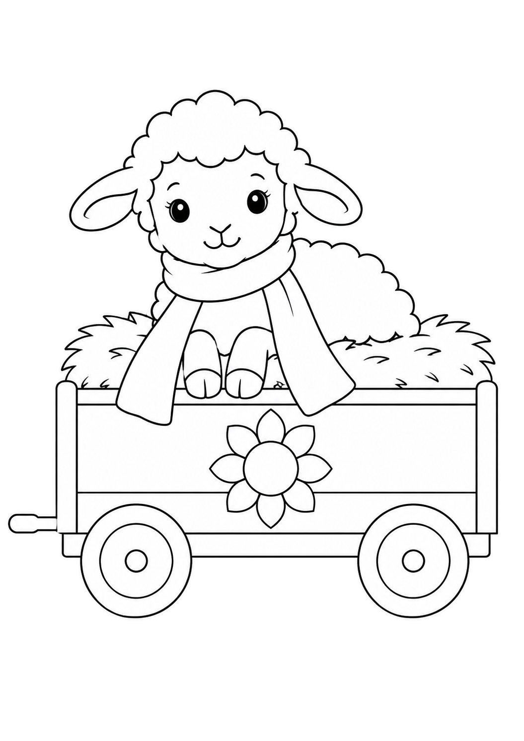 Lamb wearing a long scarf on hay in a wagon with a sunflower decoration.