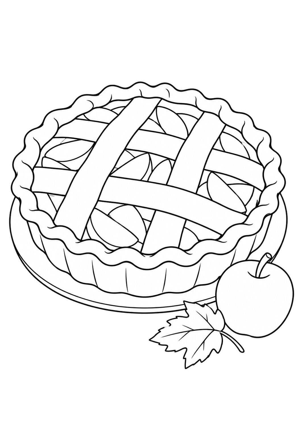 Torta di mele con griglia di pasta su un piatto, accanto a una mela e una foglia autunnale.