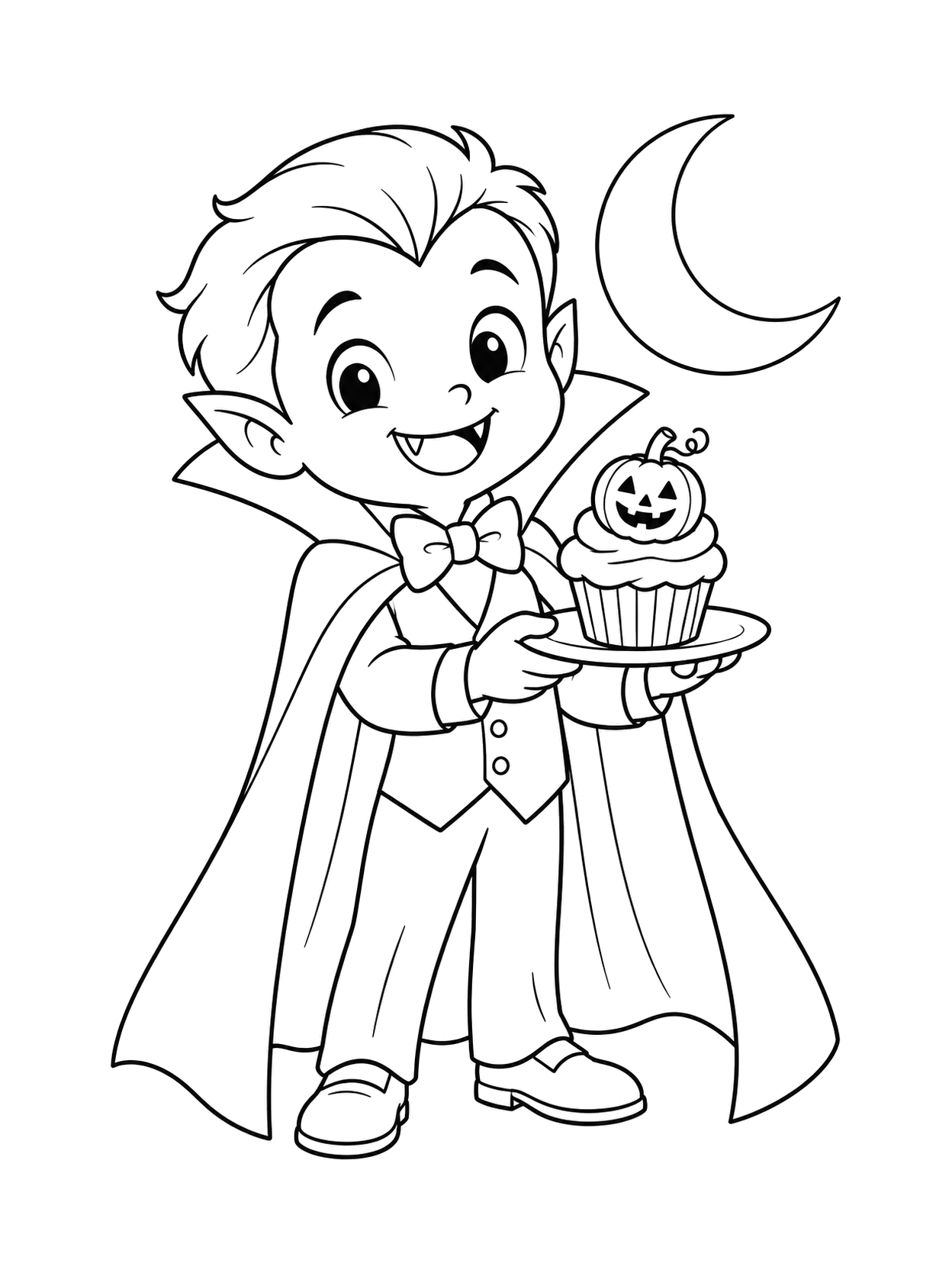 Vampiretto sorridente con mantello e papillon che presenta un cupcake con una zucca su un piatto, vicino alla luna