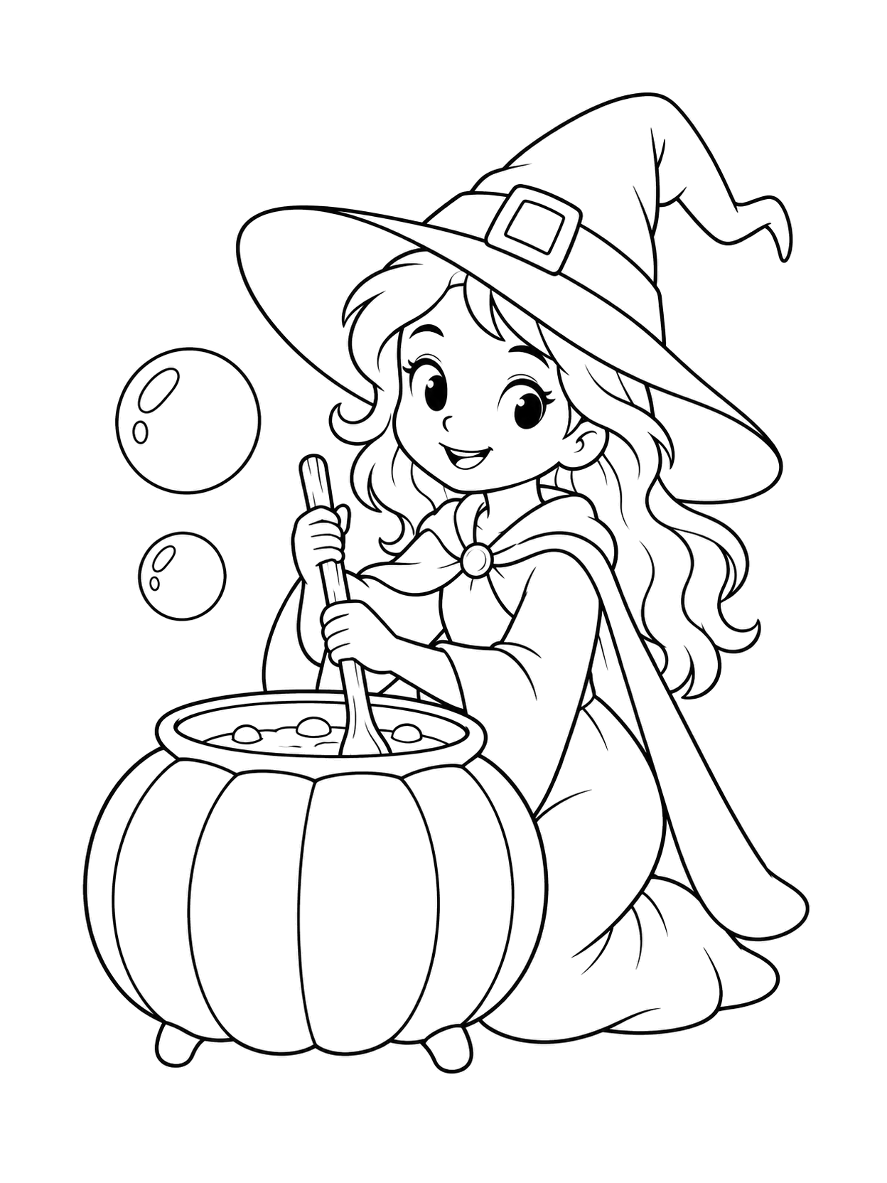 Brujita sonriente con sombrero puntiagudo removiendo un caldero de calabaza junto a dos burbujas