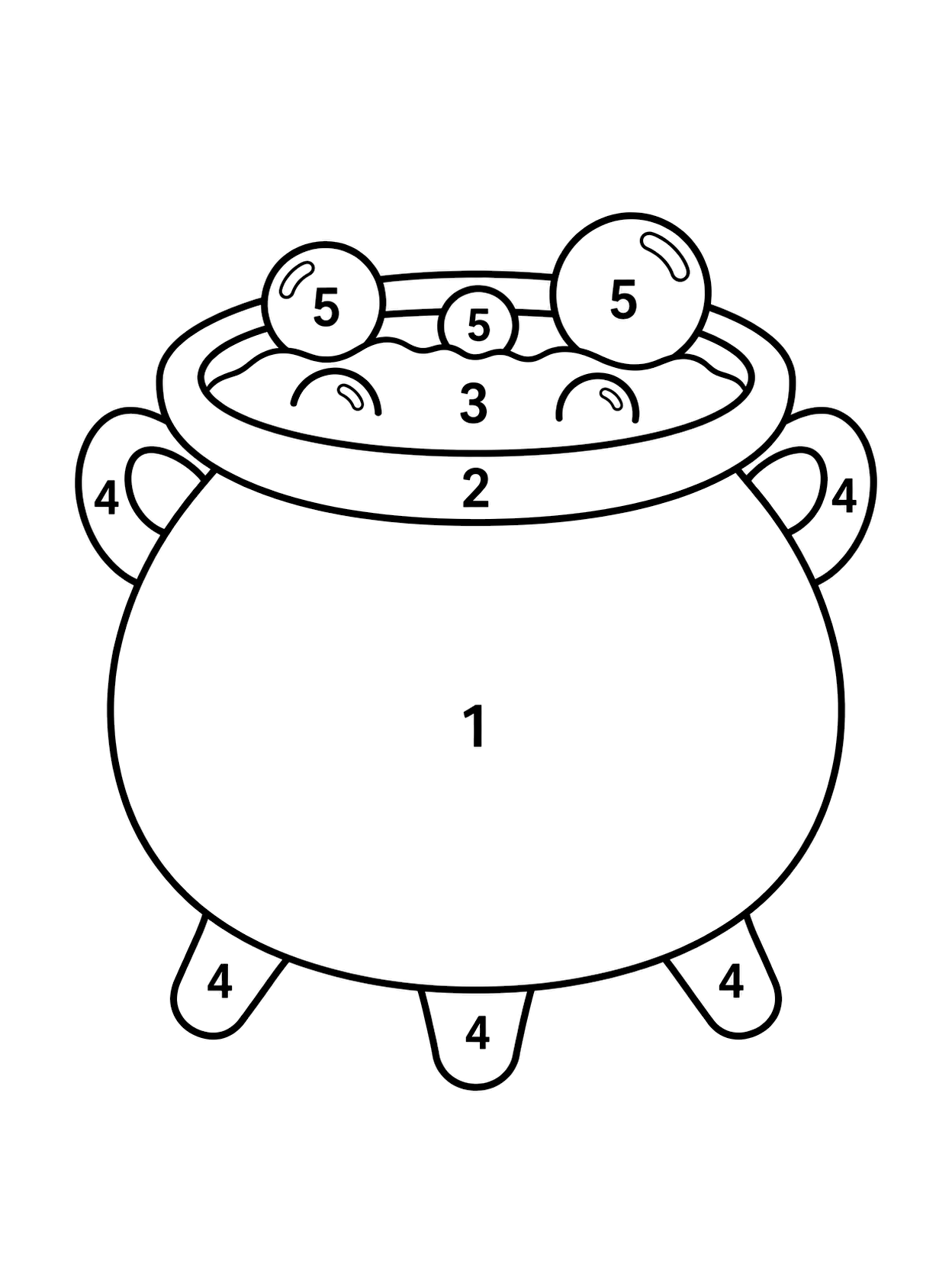 Magic Cauldron Color by Number Page with one central Halloween object, clear numbers, broad coloring spaces, and a white background