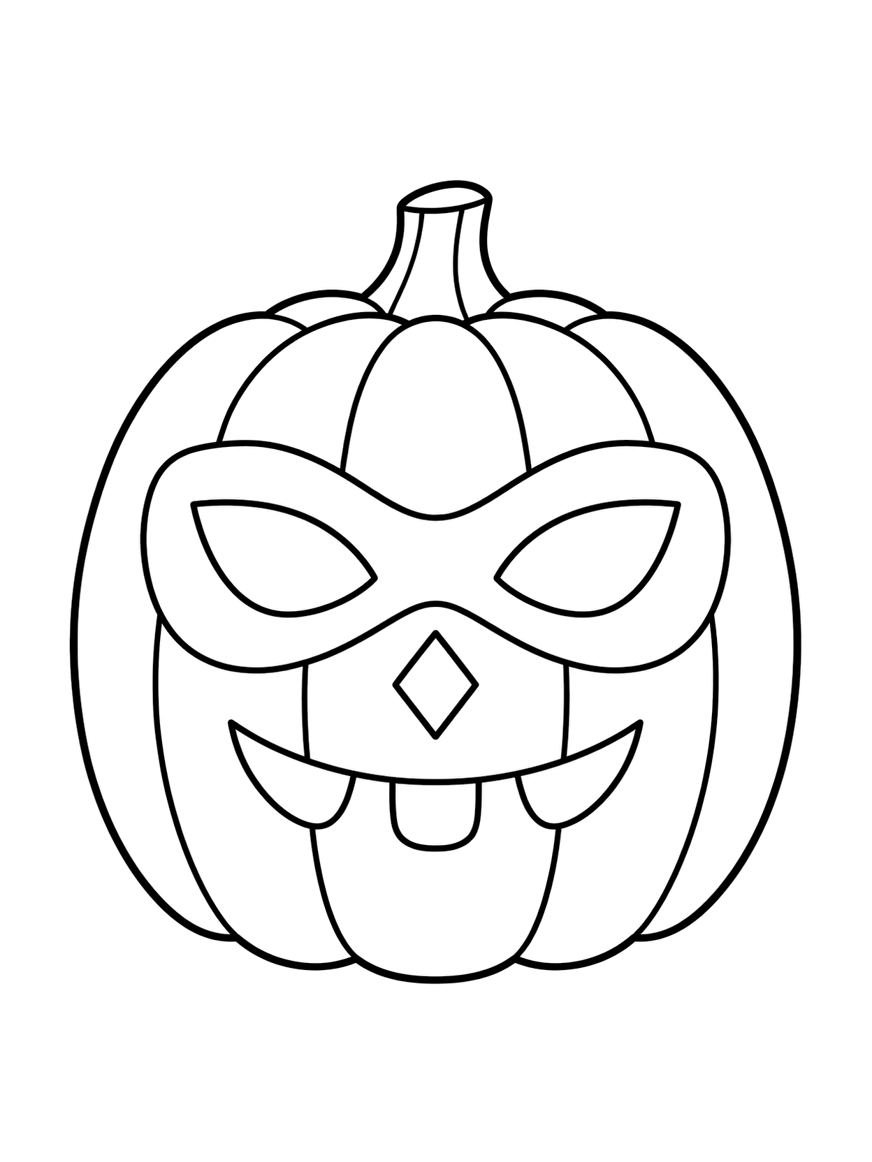 Cara de calabaza con ojos de máscara para colorear con una gran cara de calabaza, rasgos tallados claros, contornos negros y fondo blanco