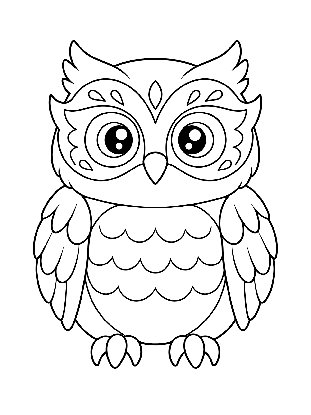 Ausmalbild: Eule mit Maskenmotiv: eine niedliche Eule mit einem breiten Maskenmuster um die Augen, runden Flügeln, einfachem Federbauch und freundlichem Gesicht; schwarze Linienzeichnung auf weißem Hintergrund