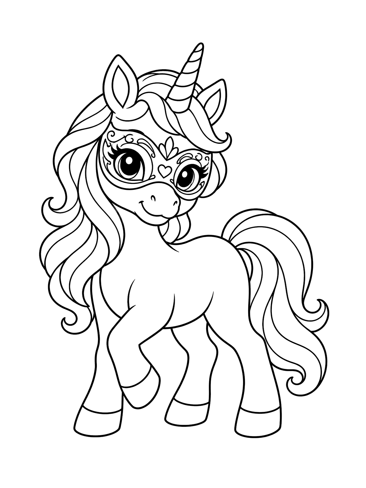 Masquerade Mask Unicorn Coloring Page with a cute Halloween unicorn with a broad masquerade mask pattern around the eyes, a striped horn, flowing mane, rounded body, and simple hooves, drawn as black line art on a white background
