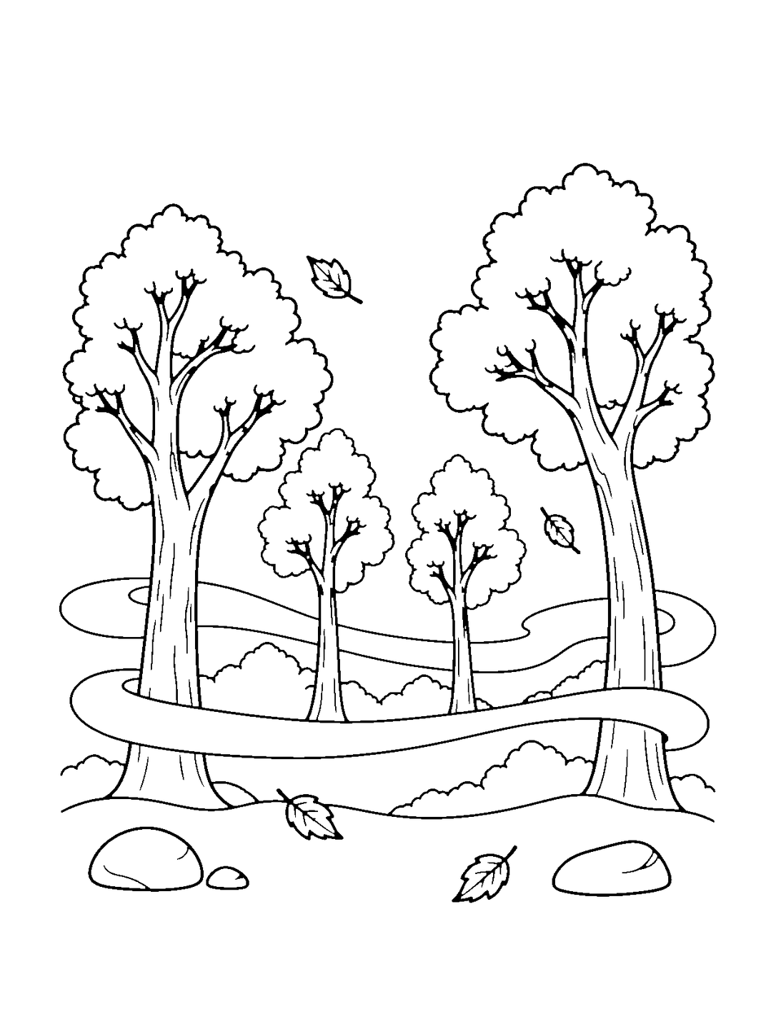 Forêt d'automne dans la brume, dessin en noir et blanc à colorier.