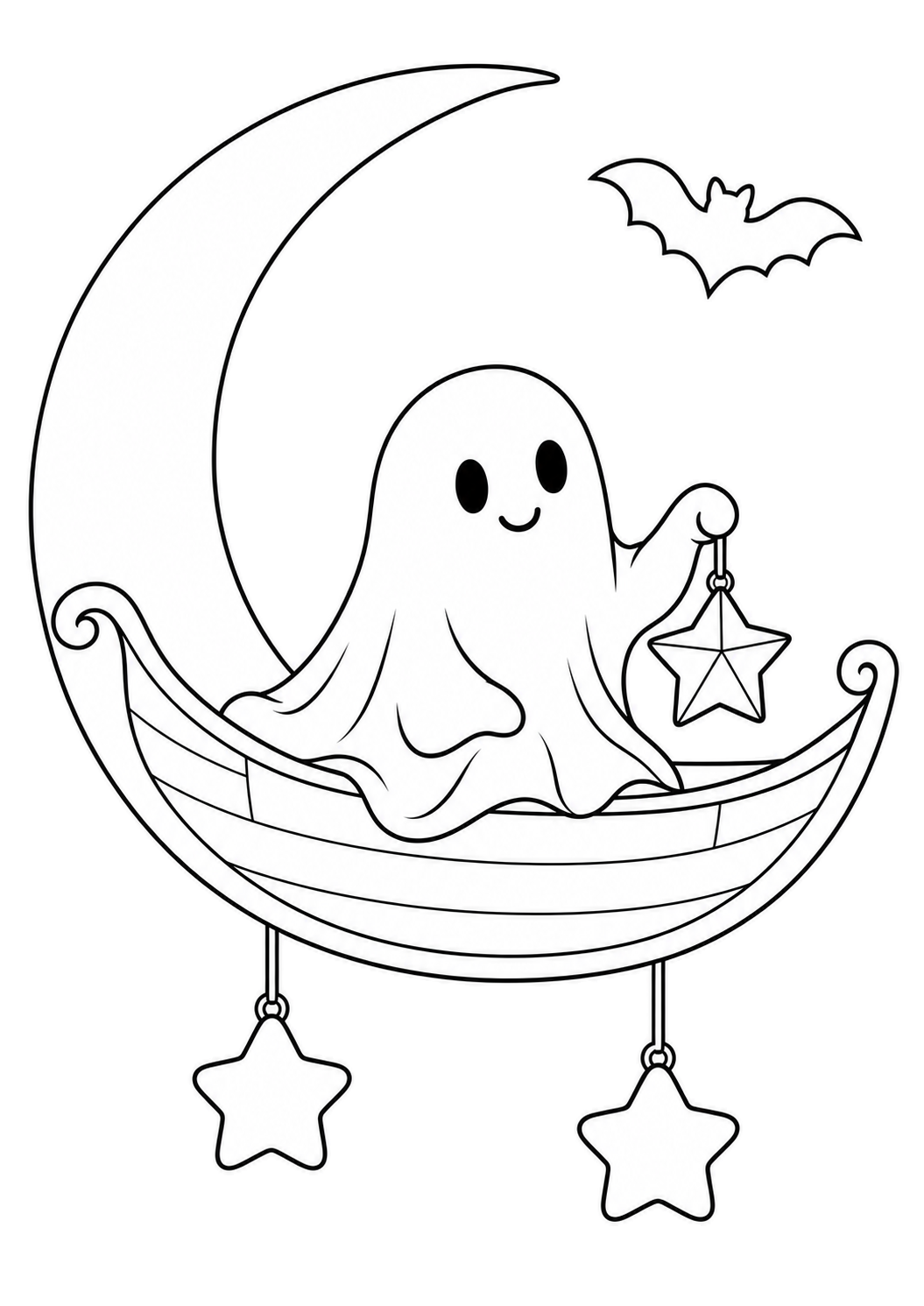 Fantasma amable sentado en un barco de luna creciente con una linterna de estrella