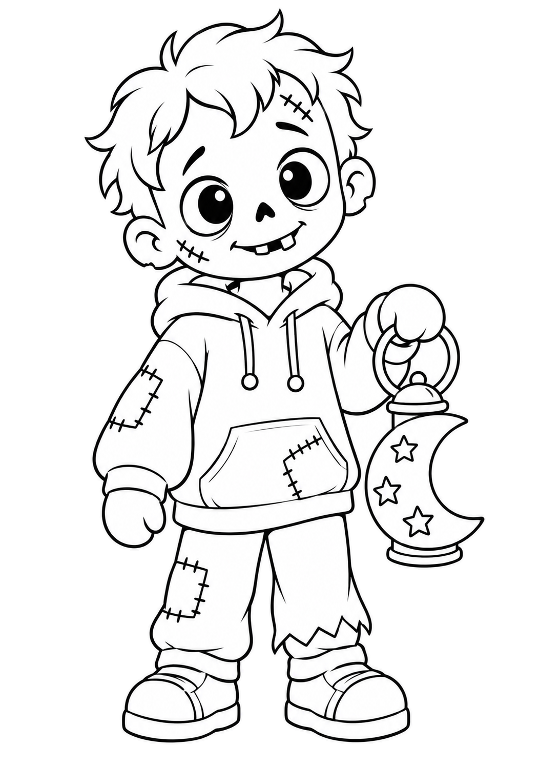 Gentle hoodie zombie holding a crescent moon lantern