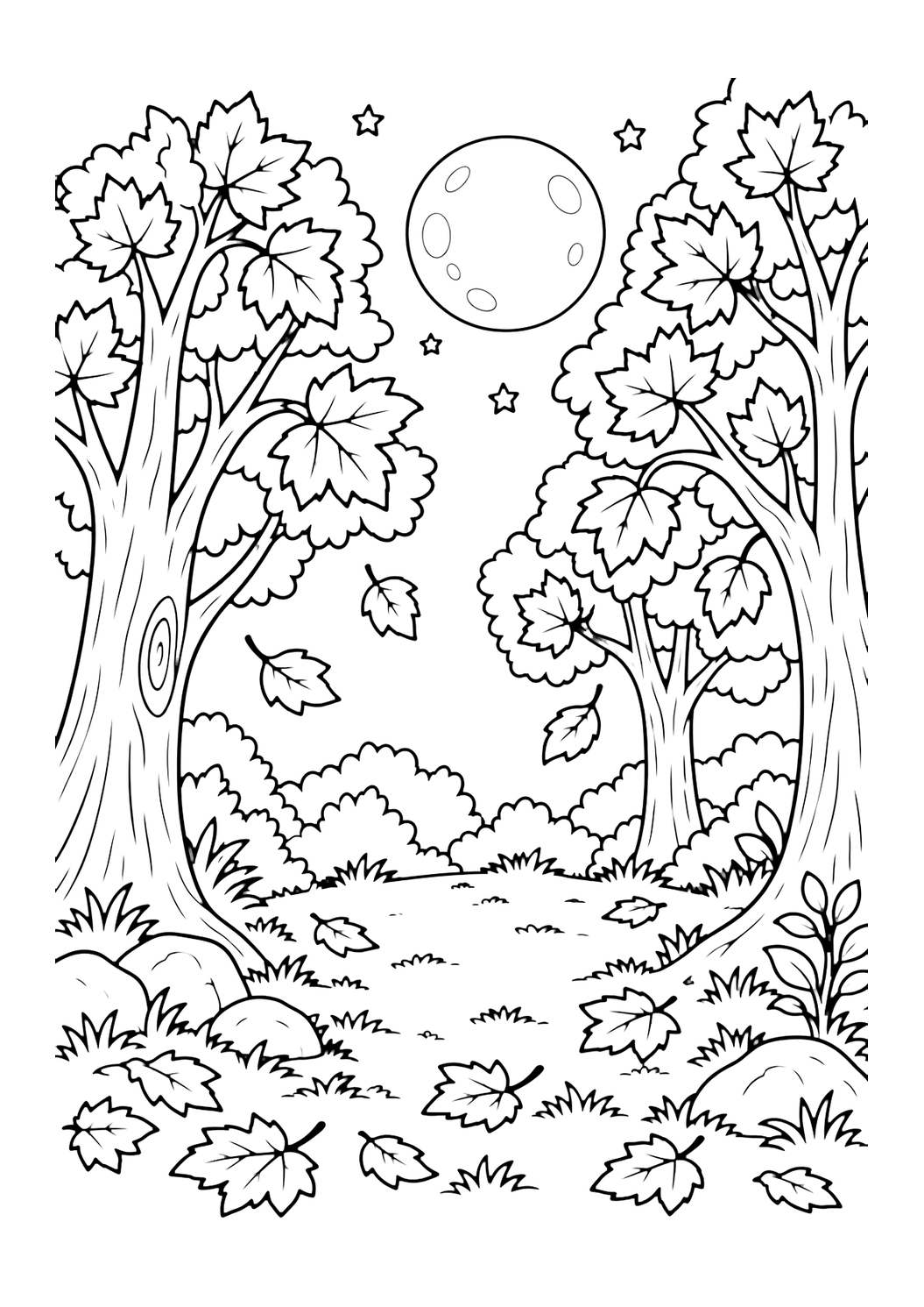 Coloriage de forêt d’automne avec une clairière paisible de forêt d’automne avec lune ronde, petites étoiles, troncs, grandes feuilles et simple zone d’herbe ouverte. Idéal pour enfants, impression, nature et coloriage en ligne.