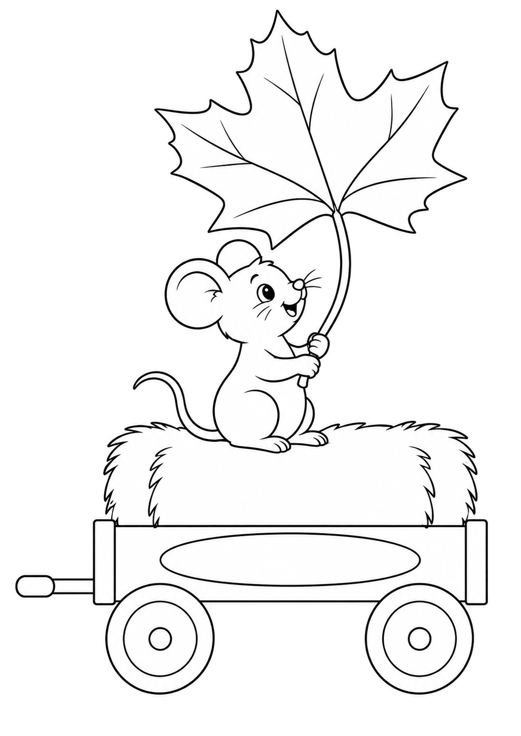 Maus auf einem Heuwagen hält ein großes Ahornblatt an seinem gebogenen Stiel über den Kopf.