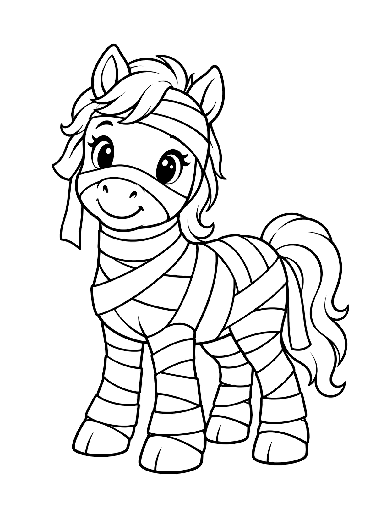 Poney momie à colorier avec un cheval central, de larges espaces à colorier, un détail simple de costume d’Halloween et un fond blanc
