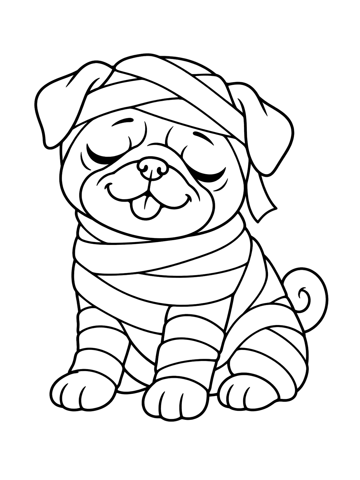 Mummy Pug Puppy Coloring Page with one central dog, broad coloring spaces, simple Halloween costume detail, and a white background