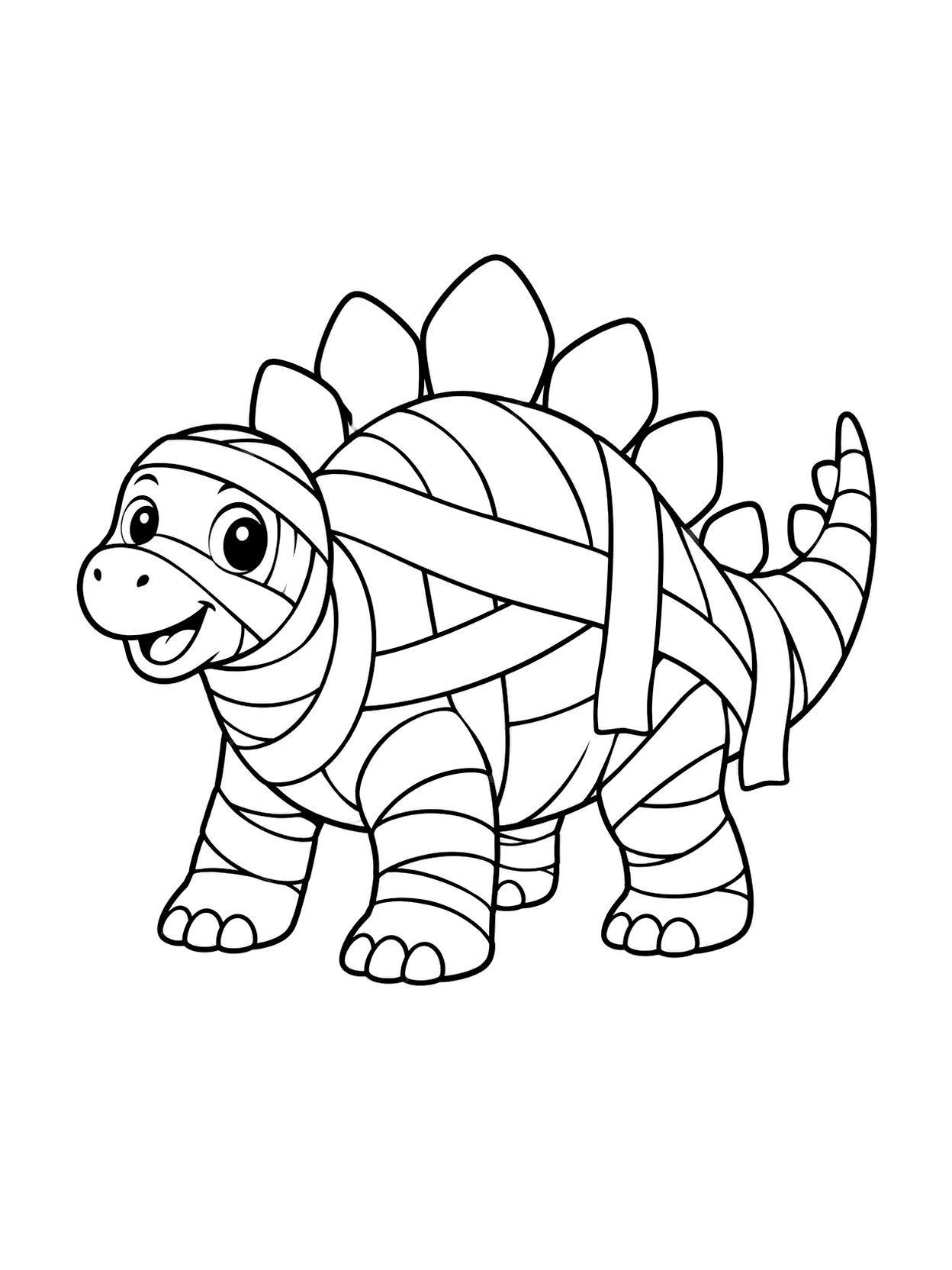 Mummy Stegosaurus Coloring Page with one central dinosaur, broad coloring spaces, simple Halloween costume detail, and a white background