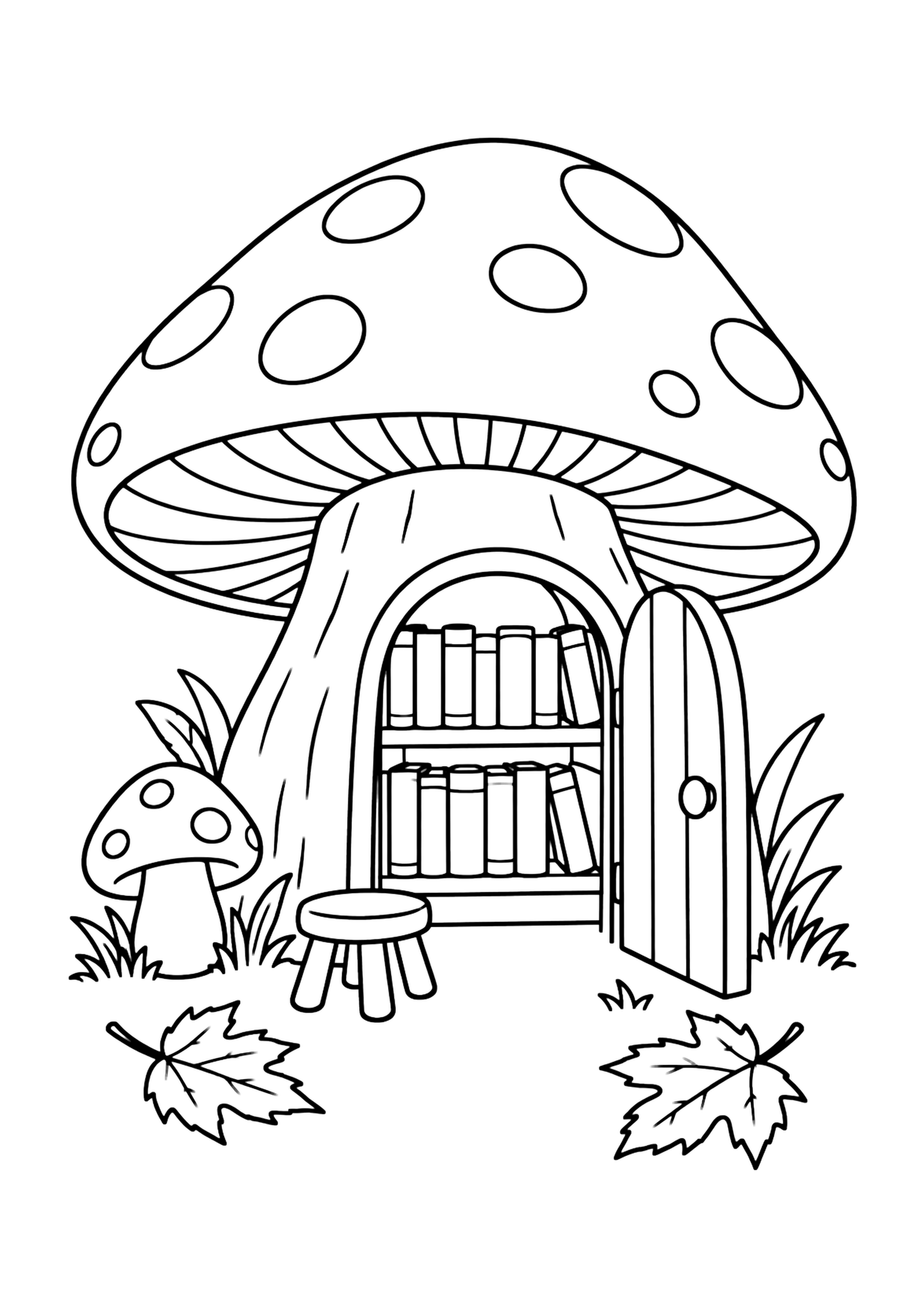 Pilz-Bibliothek mit Bücherregalen, kleinem Hocker und Herbstblättern
