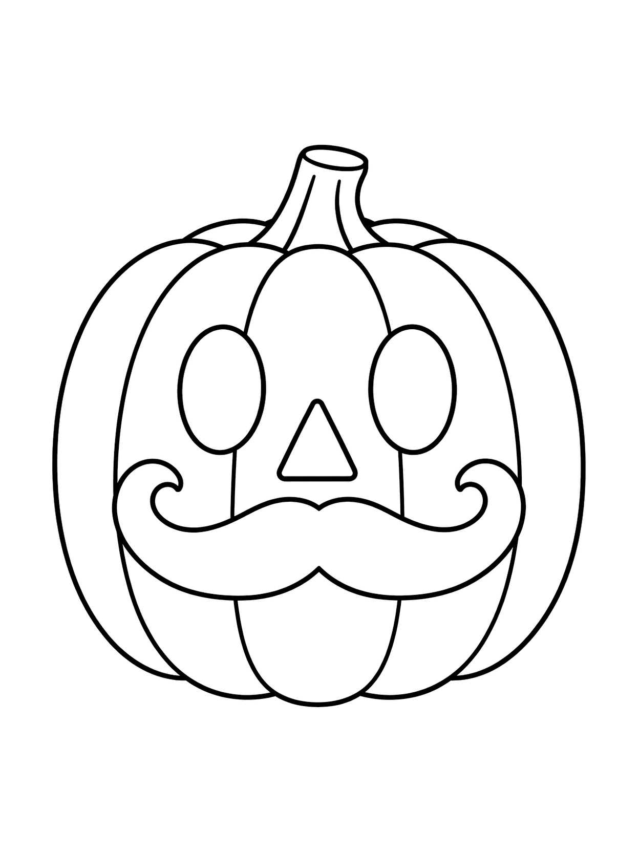 Visage de citrouille avec moustache à colorier avec un grand visage de citrouille, des formes sculptées claires, des contours noirs et un fond blanc