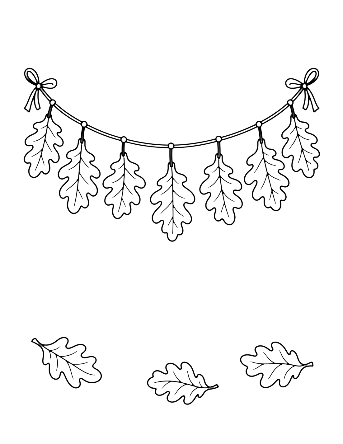 Coloriage de feuilles de chêne avec une guirlande doucement courbée avec plusieurs grandes feuilles de chêne suspendues et quelques feuilles libres dessous. Idéal pour enfants, impression, automne et coloriage en ligne.