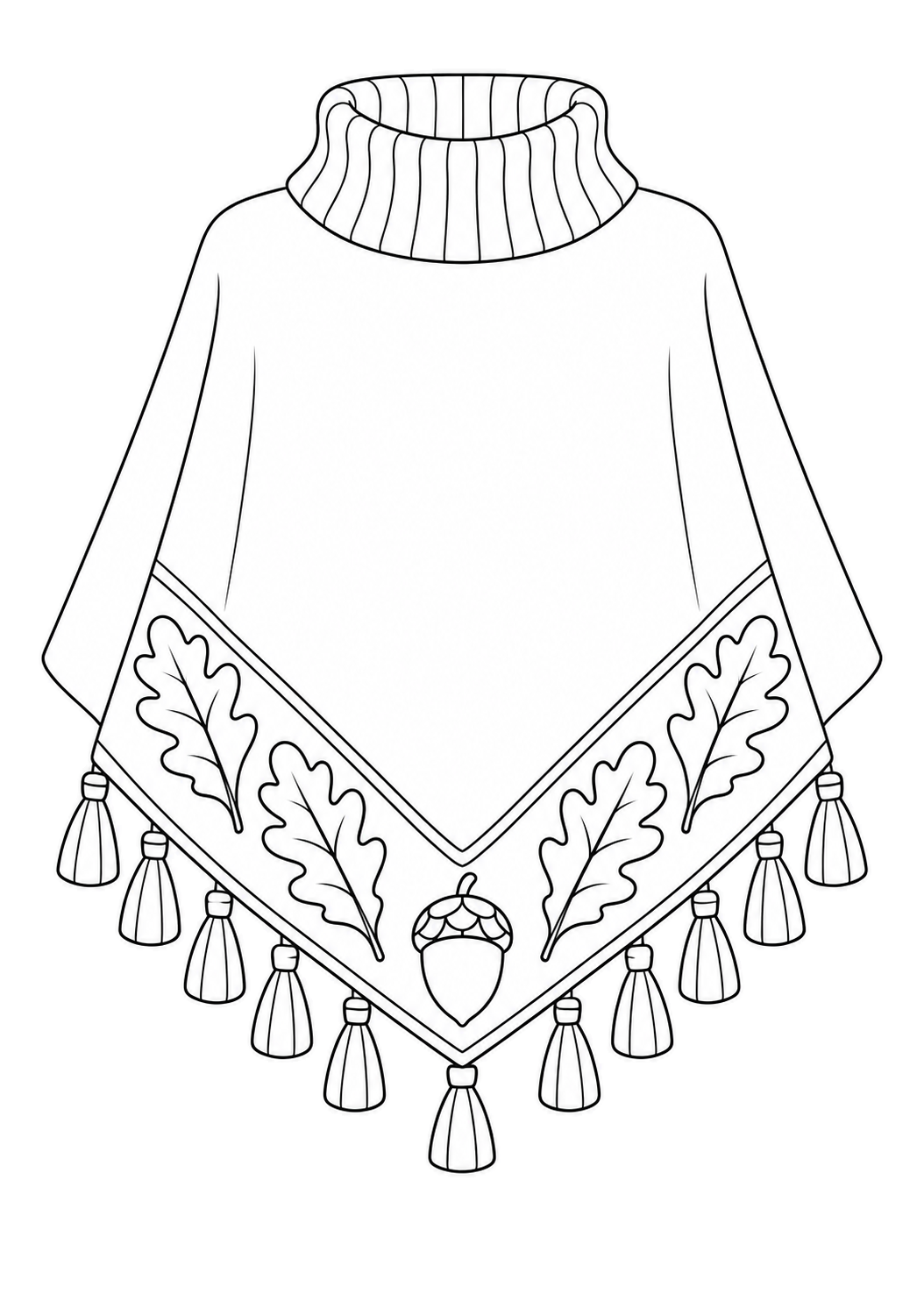 Triangular poncho with a rolled collar, four oak leaves, one acorn and a tasseled hem.
